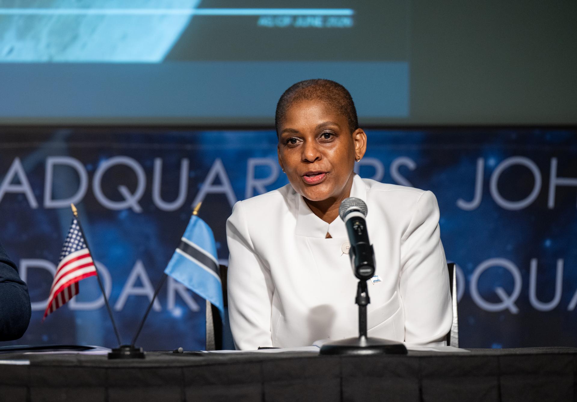 Acting Ambassador of the Republic of Botswana to the United States Mabedi Ngwenya delivers remarks during an Artemis Accords signing ceremony with the Republic of Botswana Thursday, June 25, 2026, at the Mary W. Jackson NASA Headquarters building in Washington. The Republic of Botswana is the 68th country to sign the Artemis Accords, which establish a practical set of principles to guide space exploration cooperation among nations participating in NASA’s Artemis program. Photo Credit: (NASA/Keegan Barber)