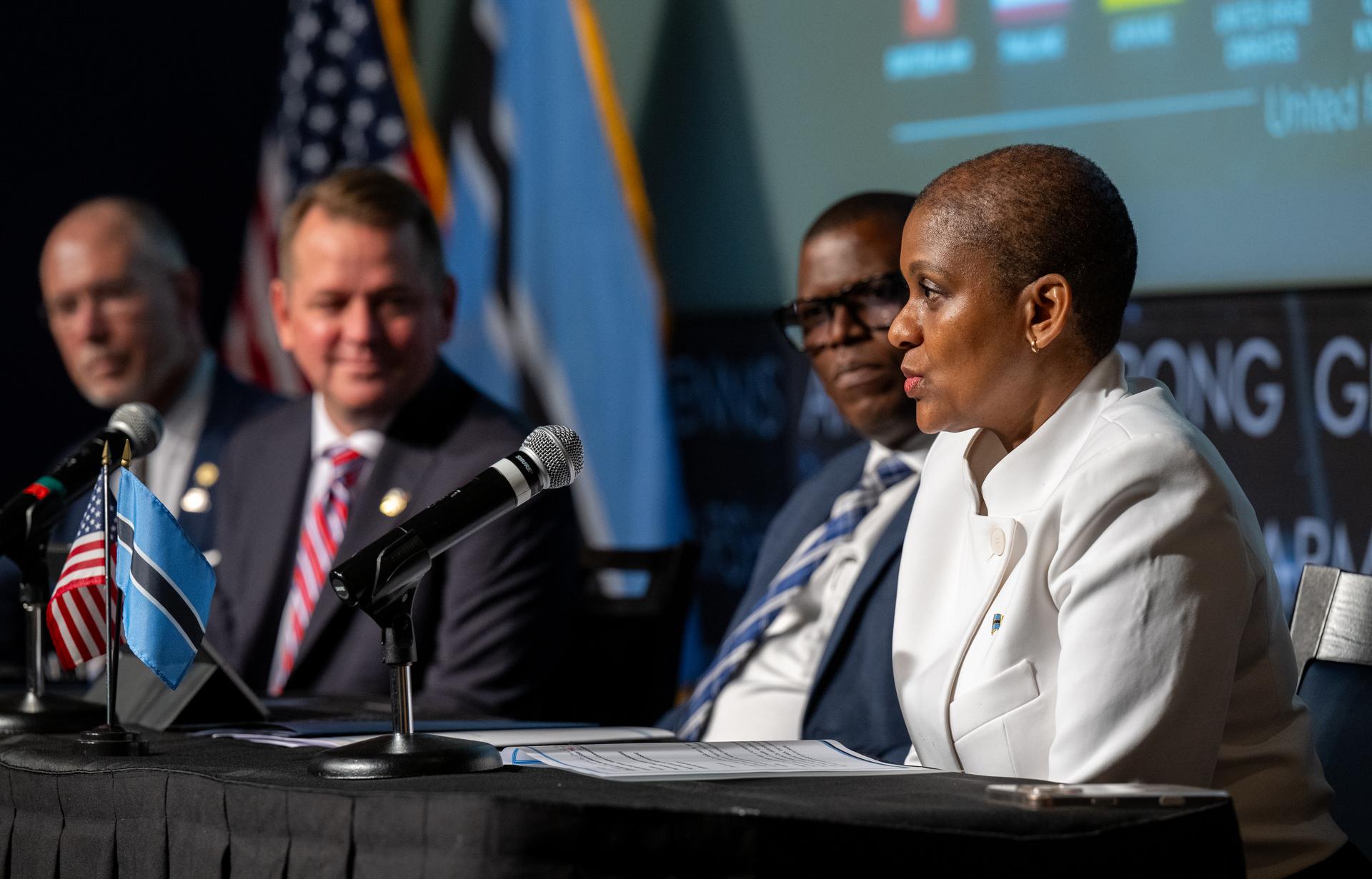 Acting Ambassador of the Republic of Botswana to the United States Mabedi Ngwenya, right, delivers remarks during an Artemis Accords signing ceremony with the Republic of Botswana alongside, from left to right, Senior Advisor on Space for the Bureau of Oceans and International Environmental and Scientific Affairs Greg Autry, NASA Deputy Administrator Matt Anderson, and Minister of Communications and Innovation David Tshere Thursday, June 25, 2026, at the Mary W. Jackson NASA Headquarters building in Washington. The Republic of Botswana is the 68th country to sign the Artemis Accords, which establish a practical set of principles to guide space exploration cooperation among nations participating in NASA’s Artemis program. Photo Credit: (NASA/Keegan Barber)