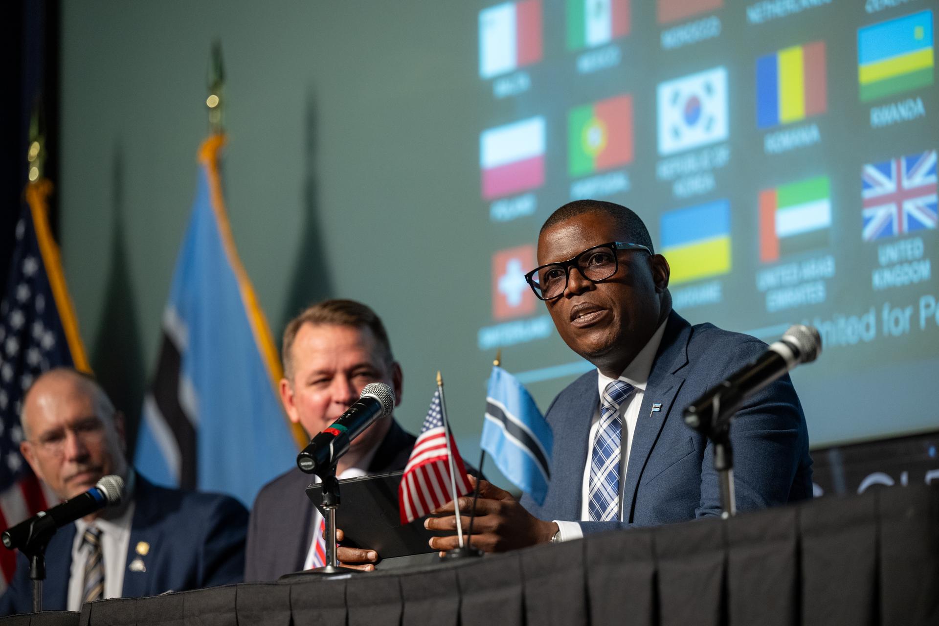 Minister of Communications and Innovation David Tshere, right, delivers remarks during an Artemis Accords signing ceremony with the Republic of Botswana Thursday, June 25, 2026, at the Mary W. Jackson NASA Headquarters building in Washington. The Republic of Botswana is the 68th country to sign the Artemis Accords, which establish a practical set of principles to guide space exploration cooperation among nations participating in NASA’s Artemis program. Photo Credit: (NASA/Keegan Barber)