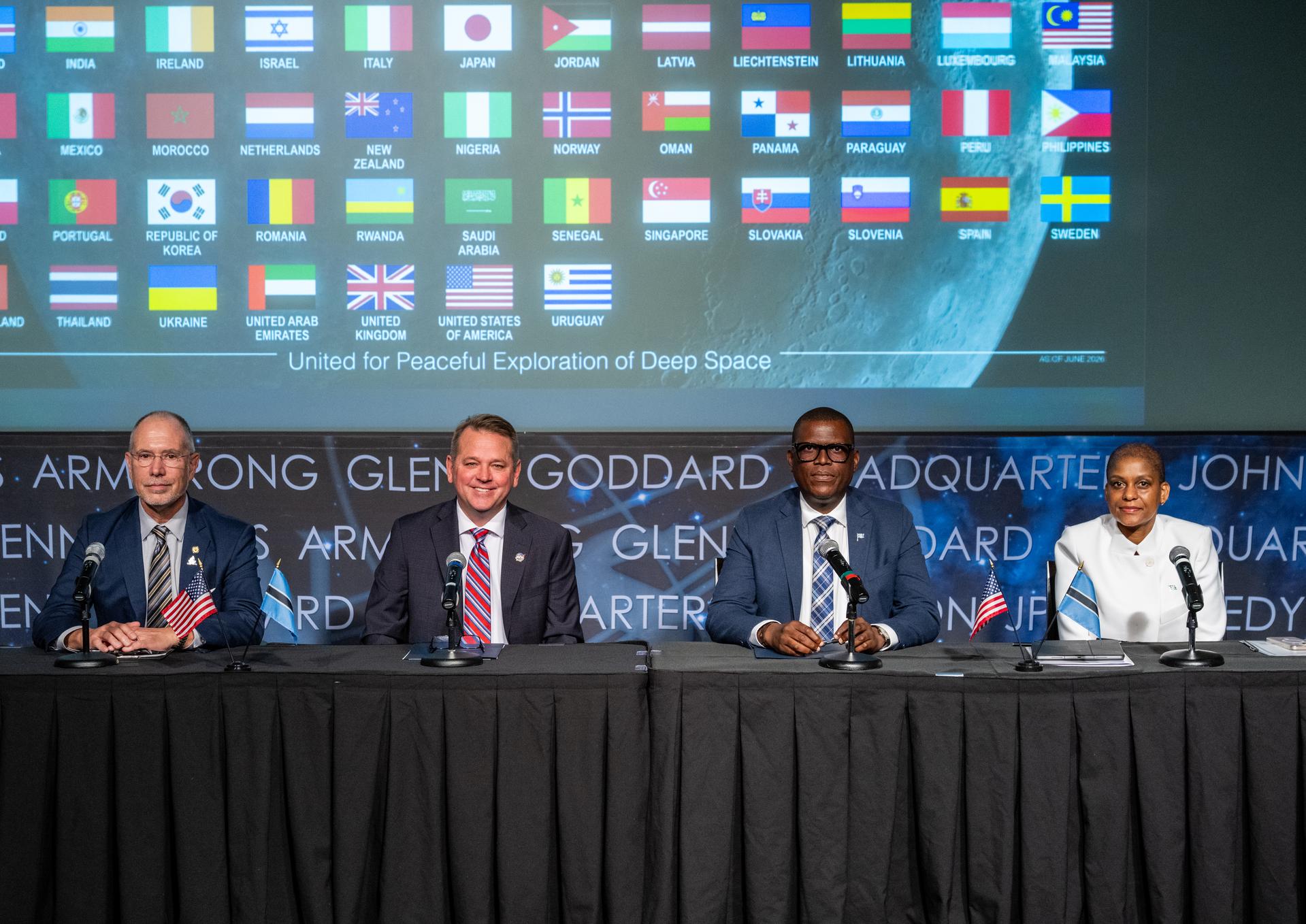 From left to right, Senior Advisor on Space for the Bureau of Oceans and International Environmental and Scientific Affairs Greg Autry, NASA Deputy Administrator Matt Anderson, Minister of Communications and Innovation David Tshere, and Acting Ambassador of the Republic of Botswana to the United States Mabedi Ngwenya pose for a photo following an Artemis Accords signing ceremony with the Republic of Botswana Thursday, June 25, 2026, at the Mary W. Jackson NASA Headquarters building in Washington. The Republic of Botswana is the 68th country to sign the Artemis Accords, which establish a practical set of principles to guide space exploration cooperation among nations participating in NASA’s Artemis program. Photo Credit: (NASA/Keegan Barber)