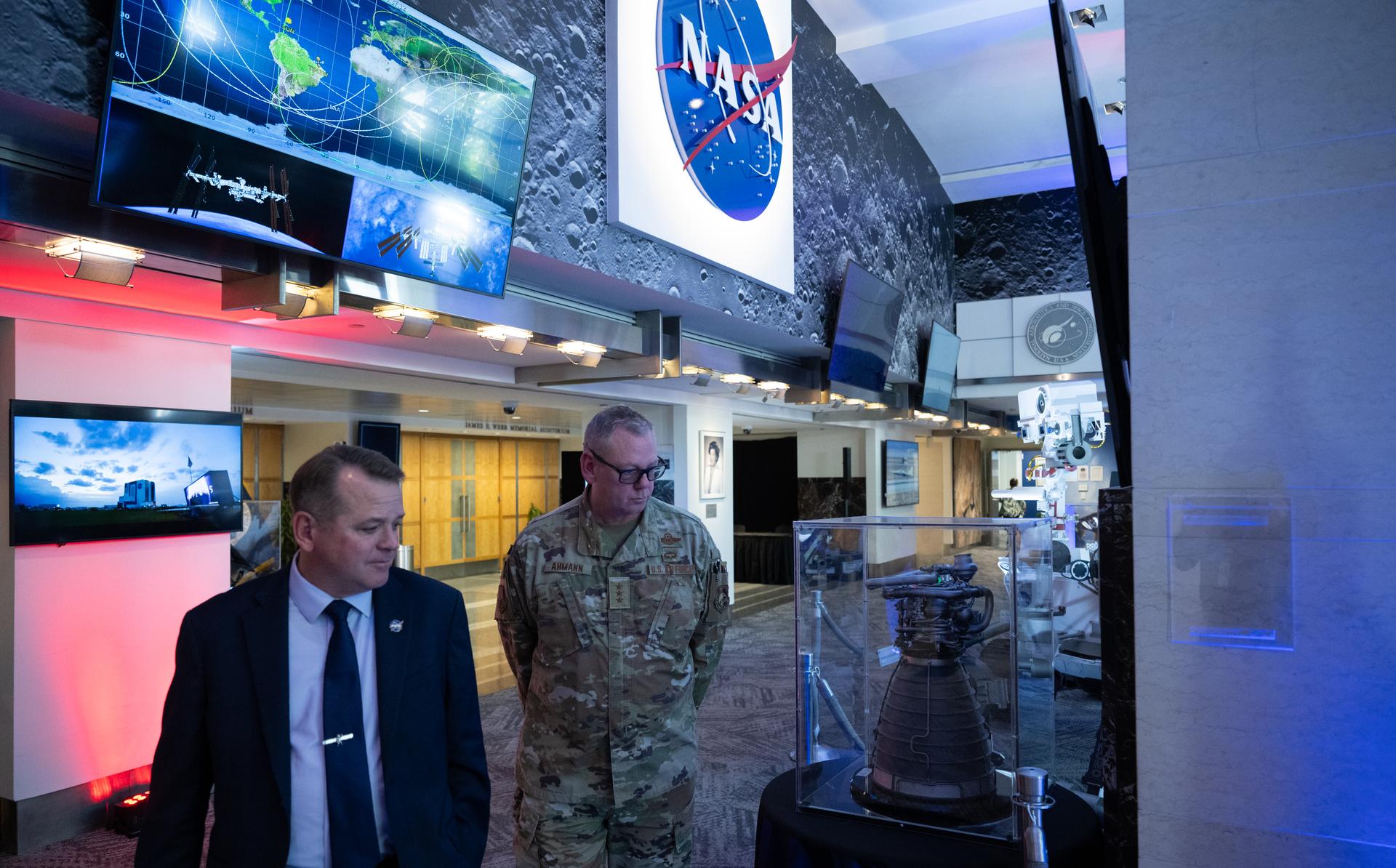 NASA Deputy Administrator Matt Anderson, left, welcomes U.S. Air Force Lt. Gen. Luke Ahmann, Commander, Continental U.S. North American Aerospace Defense Command Region; Commander, 1st Air Force,  Tuesday, June 30, 2026, at the Mary W. Jackson NASA Headquarters building in Washington.  Photo Credit: (NASA/Joel Kowsky)
