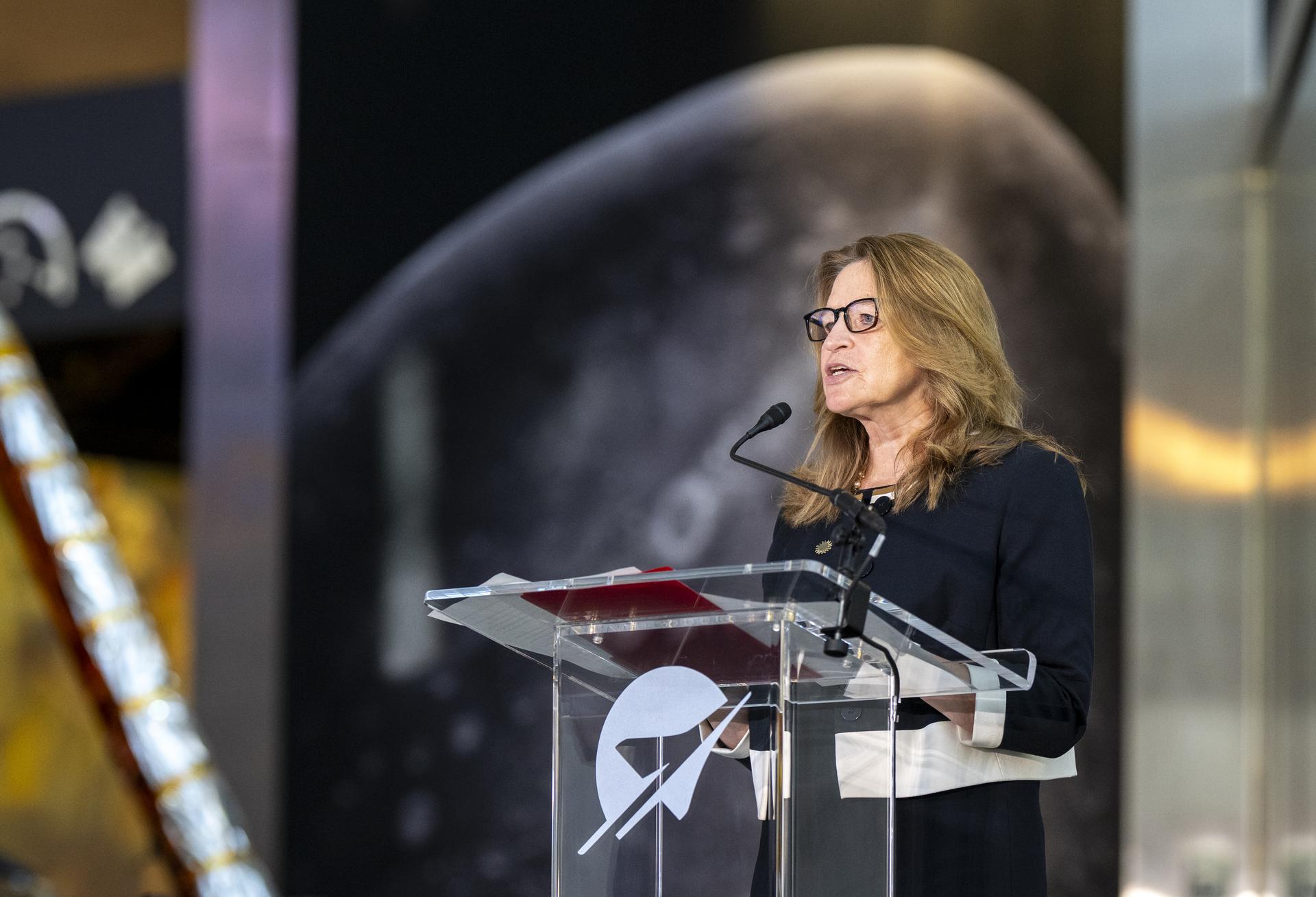 Under Secretary for Science and Research at the Smithsonian Institution Ellen Stofan delivers remarks during the Smithsonian’s National Air and Space Museum rededication ceremony Wednesday, July 1, 2026, in Washington. Photo Credit: (NASA/Keegan Barber)