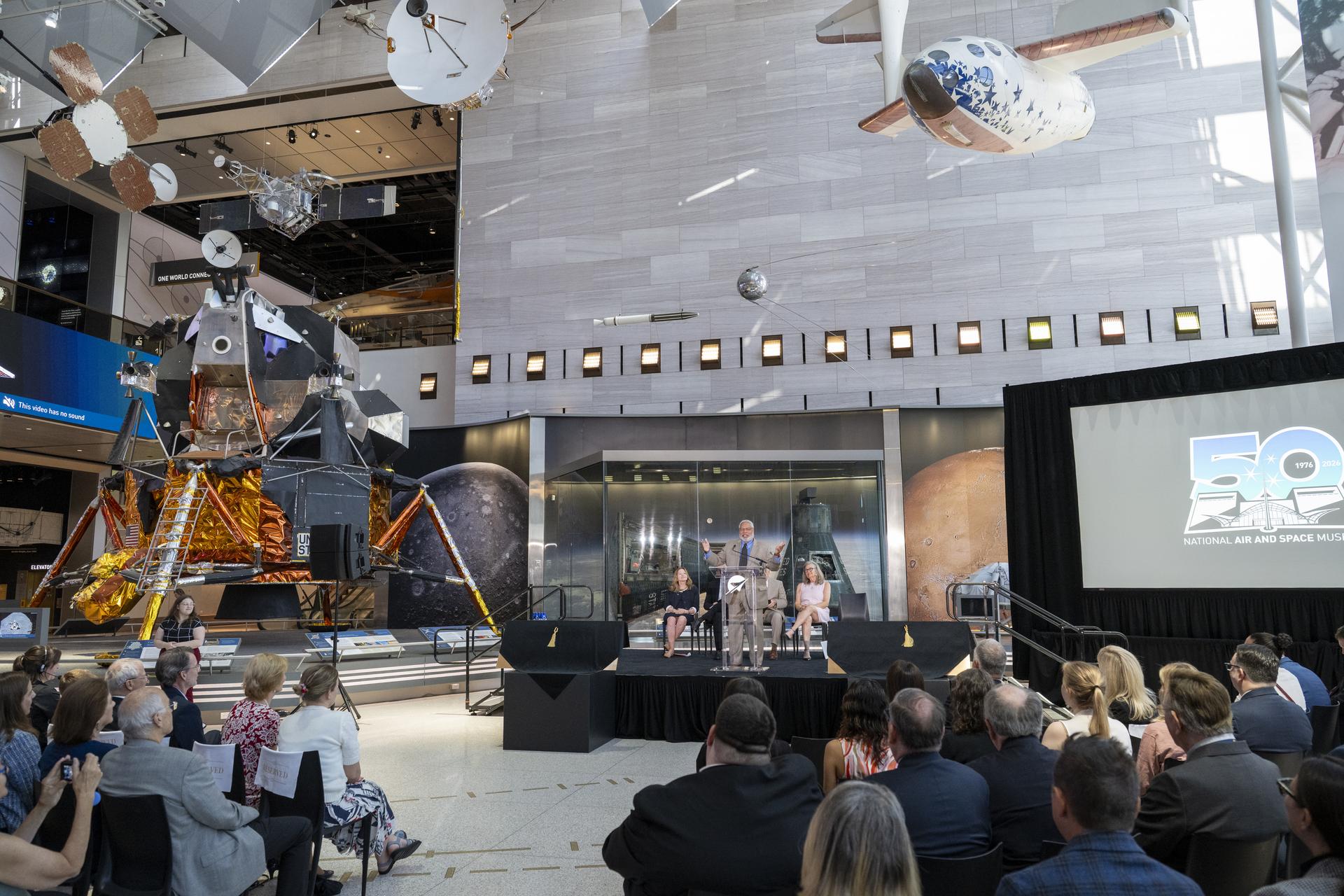 Secretary of the Smithsonian Institution Lonnie G. Bunch III delivers remarks during the Smithsonian’s National Air and Space Museum rededication ceremony Wednesday, July 1, 2026, in Washington. The swatch is being returned to the museum after having been flown aboard NASA’s Artemis II mission around the Moon and back to Earth in April 2026. Photo Credit: (NASA/Keegan Barber)