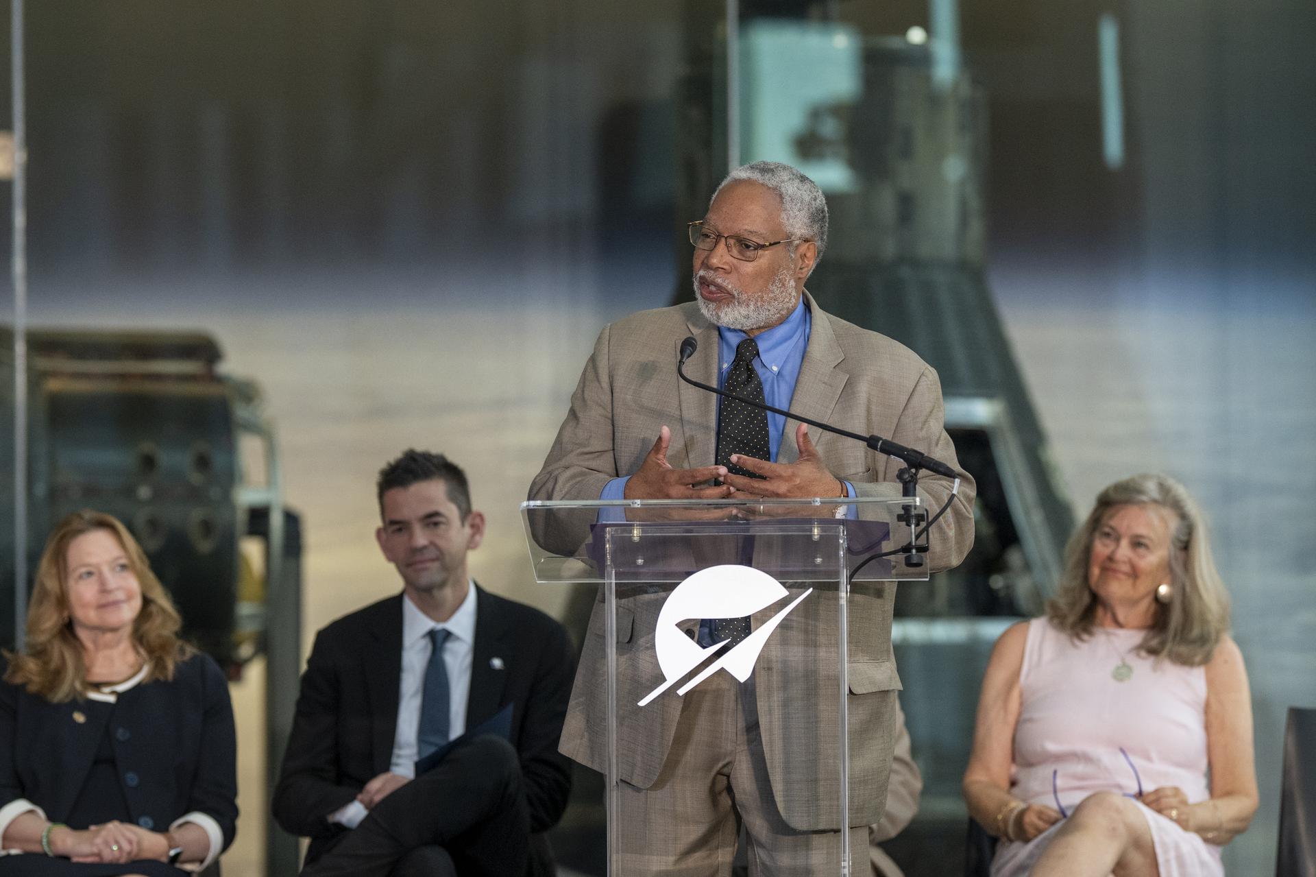 Secretary of the Smithsonian Institution Lonnie G. Bunch III delivers remarks during the Smithsonian’s National Air and Space Museum rededication ceremony Wednesday, July 1, 2026, in Washington. The swatch is being returned to the museum after having been flown aboard NASA’s Artemis II mission around the Moon and back to Earth in April 2026. Photo Credit: (NASA/Keegan Barber)
