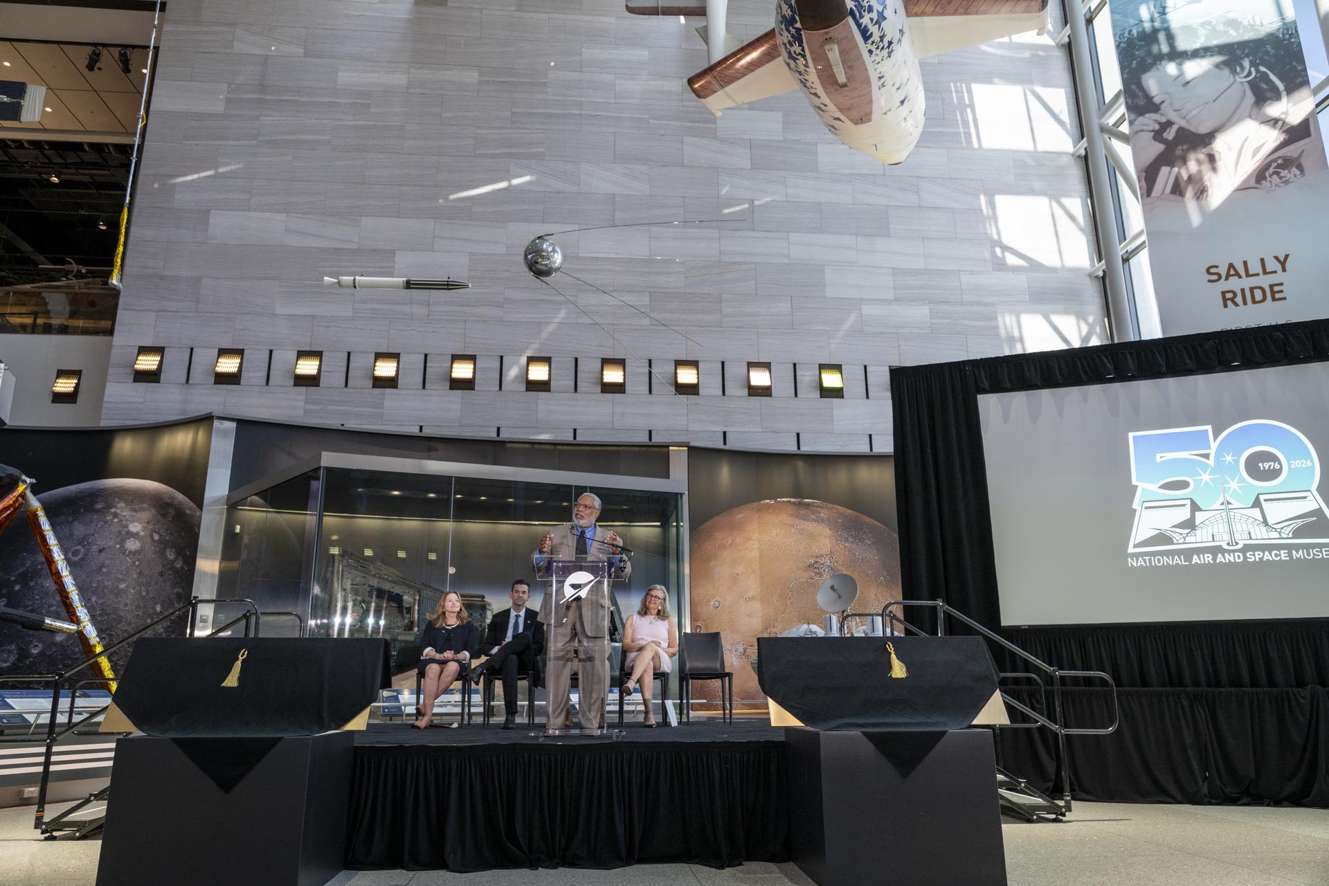 Secretary of the Smithsonian Institution Lonnie G. Bunch III delivers remarks during the Smithsonian’s National Air and Space Museum rededication ceremony Wednesday, July 1, 2026, in Washington. The swatch is being returned to the museum after having been flown aboard NASA’s Artemis II mission around the Moon and back to Earth in April 2026. Photo Credit: (NASA/Keegan Barber)