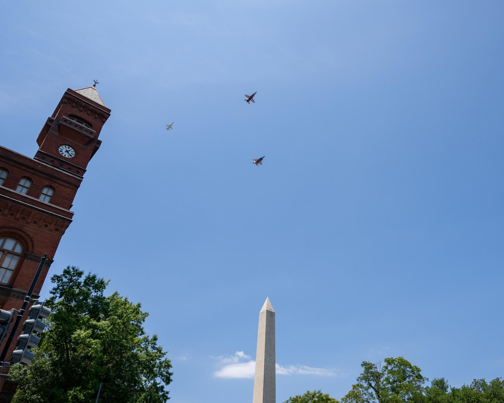 NASA’s T-38 Talon, F/A-18 Hornet and F-15 Eagle aircraft are seen as they perform a flyover during the Great American State Fair, Saturday, July 4, 2026, on the National Mall in Washington.  Photo Credit: (NASA/Keegan Barber)