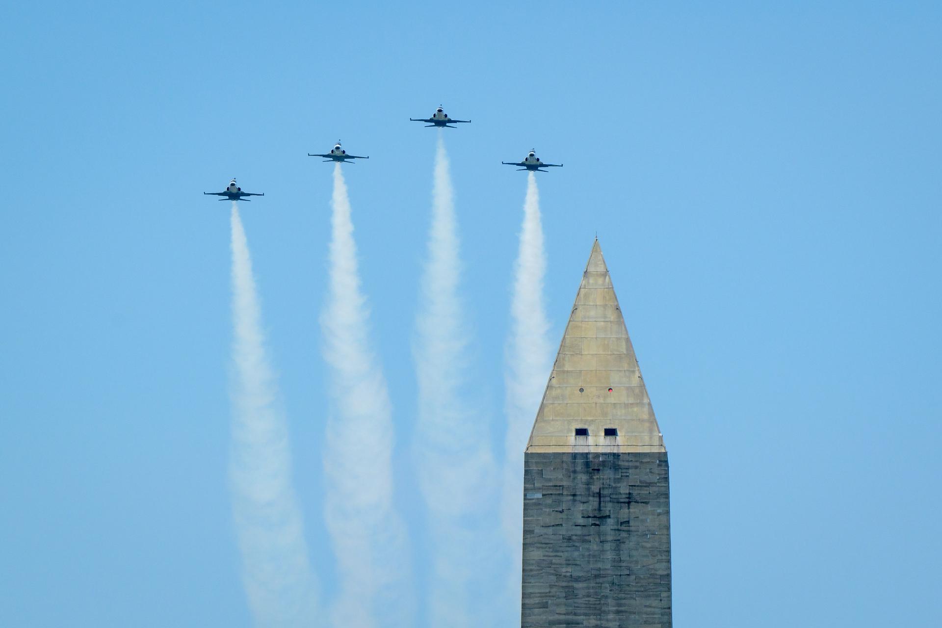 NASA Administrator Jared Isaacman leads a flyover featuring his personally owned F-5 Tiger over the Great American State Fair, Saturday, July 4, 2026, on the National Mall in Washington.  Photo Credit: (NASA/Bill Ingalls)