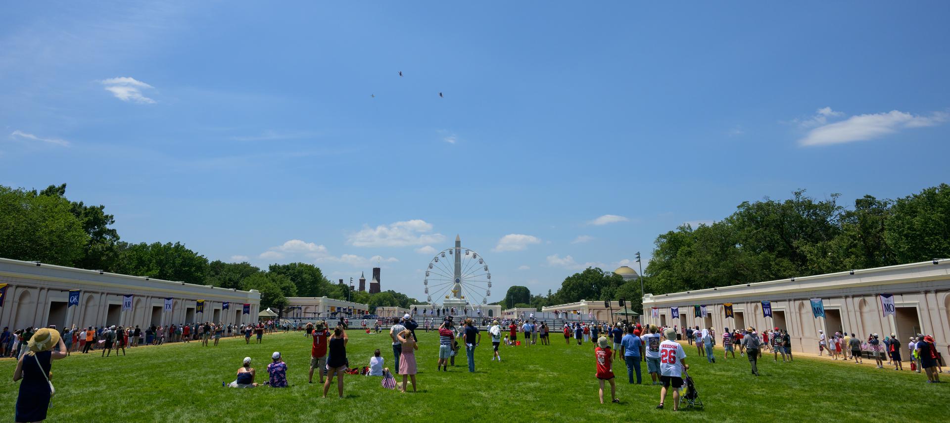 NASA’s T-38 Talon, left, F/A-18 Hornet and F-15 Eagle, right, aircraft are seen as they perform a flyover during the Great American State Fair, Saturday, July 4, 2026, on the National Mall in Washington. Photo Credit: (NASA/Bill Ingalls)