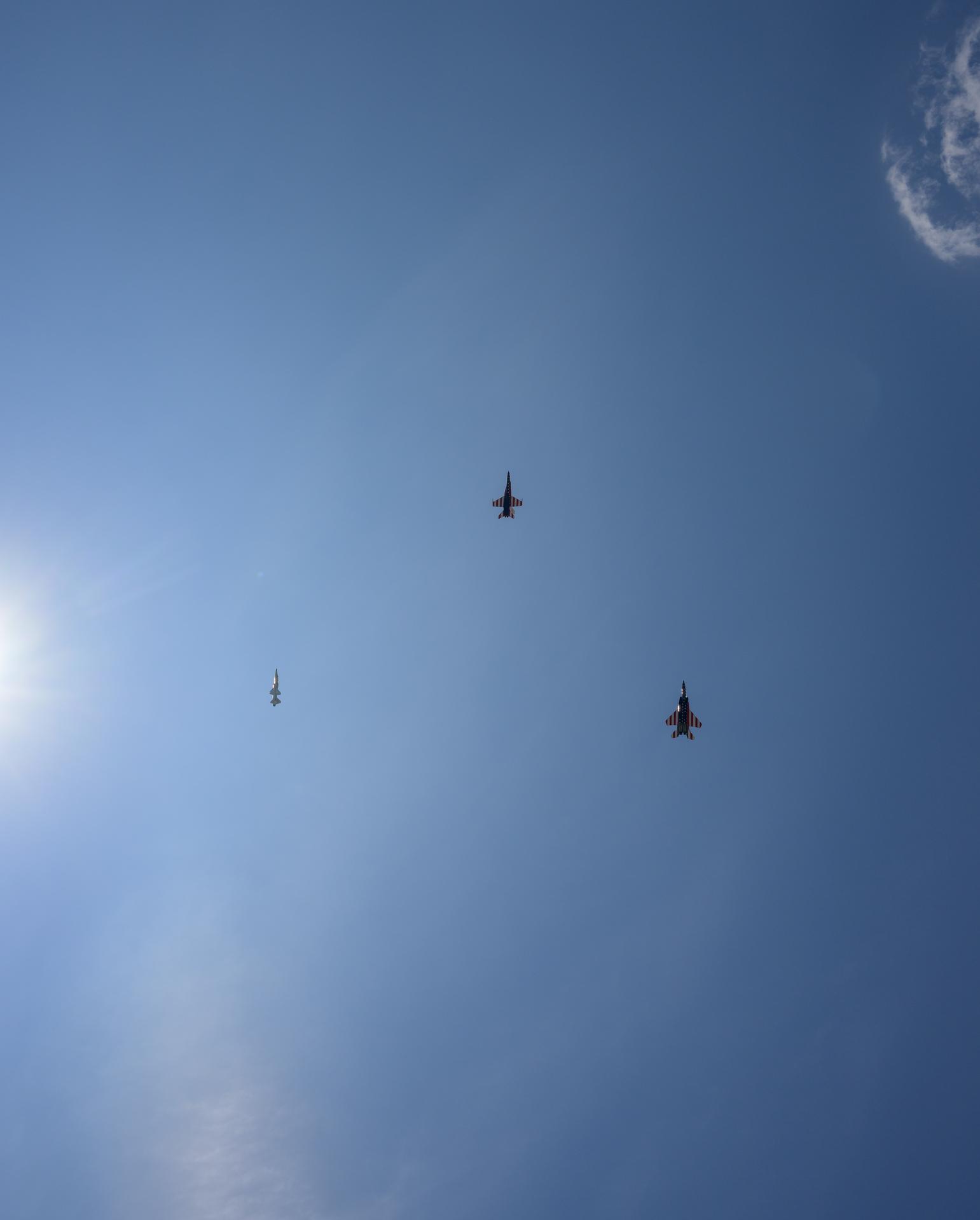 NASA’s T-38 Talon, left, F/A-18 Hornet and F-15 Eagle, right, aircraft are seen as they perform a flyover during the Great American State Fair, Saturday, July 4, 2026, on the National Mall in Washington. Photo Credit: (NASA/Bill Ingalls)