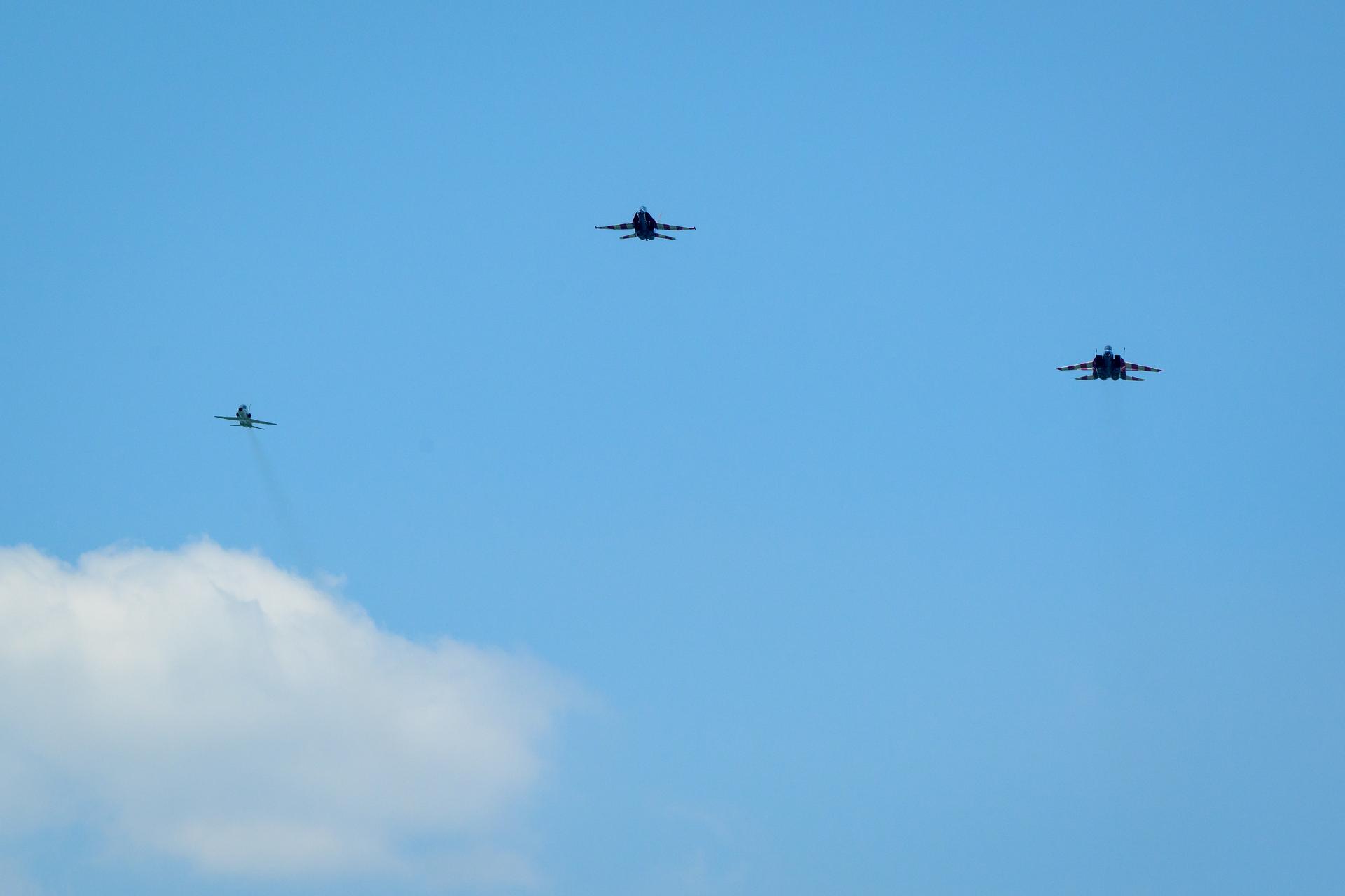 NASA’s T-38 Talon, left, F/A-18 Hornet and F-15 Eagle, right, aircraft are seen as they perform a flyover during the Great American State Fair, Saturday, July 4, 2026, on the National Mall in Washington. Photo Credit: (NASA/Bill Ingalls)