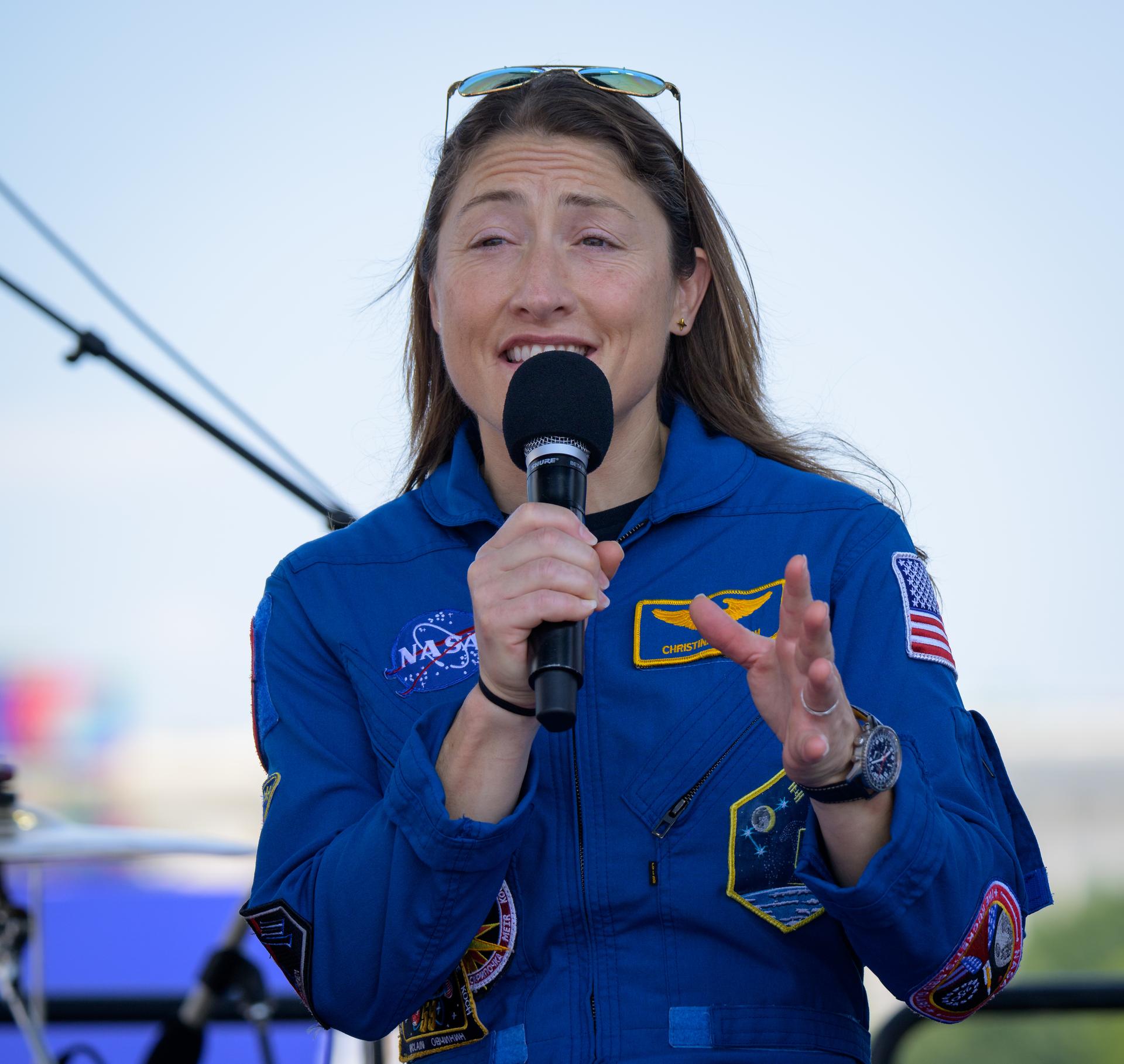NASA astronaut Christina Koch, Artemis II mission specialist, participates in a panel discussion during the Great American State Fair, Saturday, July 4, 2026, on the National Mall in Washington, D.C.  Photo Credit: (NASA/Bill Ingalls)