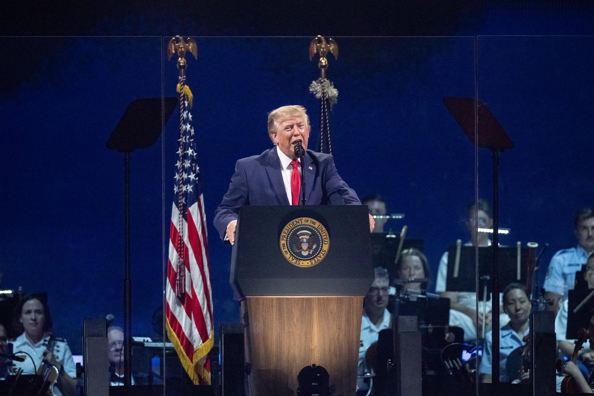 President Donald Trump delivers remarks during the “Salute to America” event, Saturday, July 4, 2026, on the National Mall in Washington, D.C. The United States Semiquincentennial celebrates the 250th anniversary of the adoption of the Declaration of Independence. Photo Credit: (NASA/Keegan Barber)