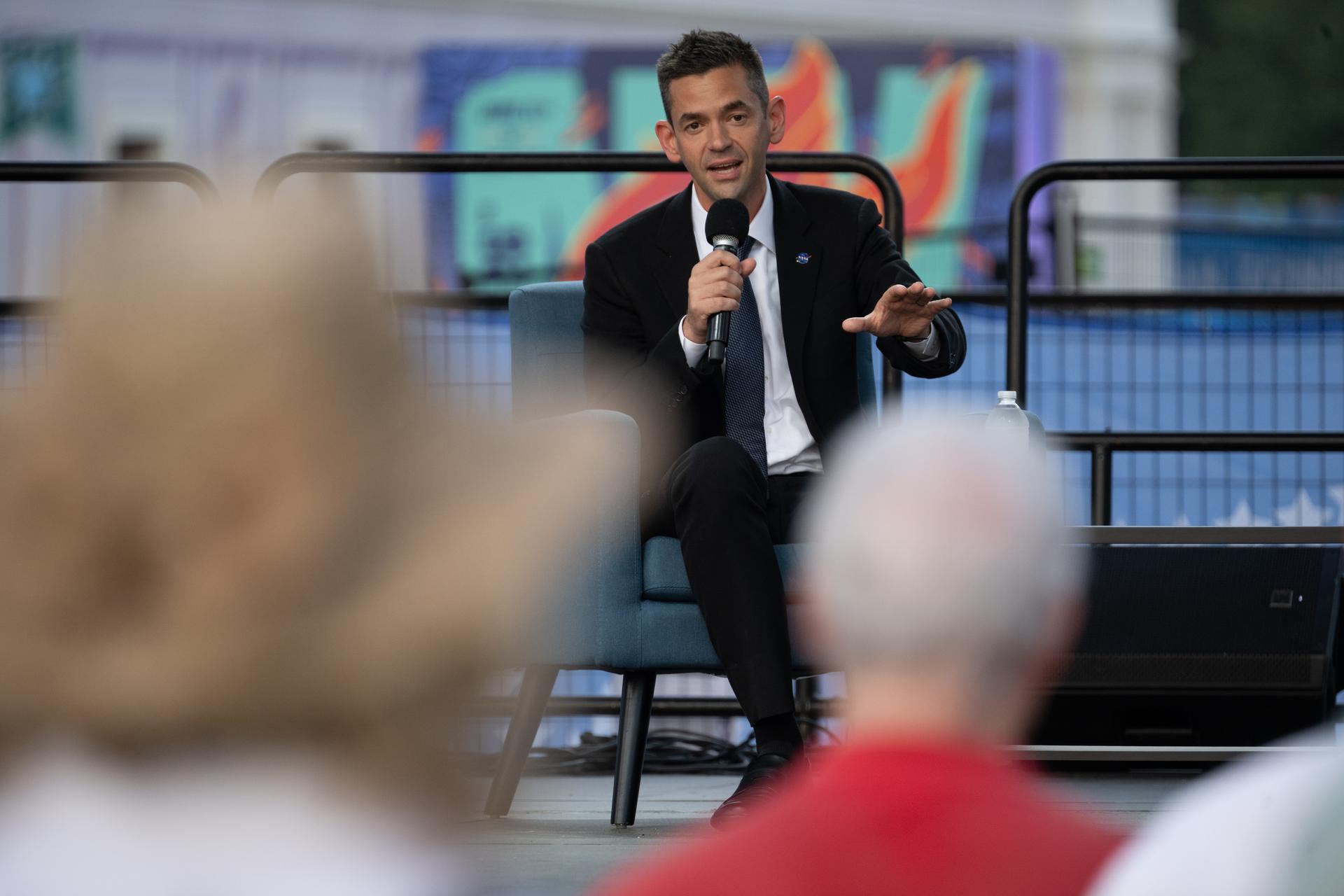 NASA Administrator Jared Isaacman is seen in conversation with Katie Pavlich about the past, present, and future of space exploration on the Freedom Stage at the Great American State Fair, Wednesday, July 8, 2026, on the National Mall in Washington, D.C.  Photo Credit: (NASA/Joel Kowsky)