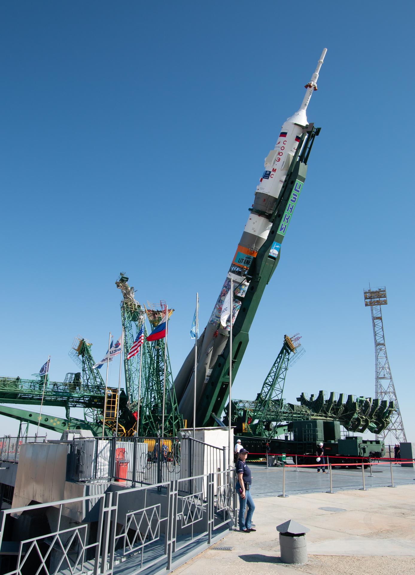 The Soyuz rocket is raised into position at the Site 31 launch pad of the Baikonur Cosmodrome in Kazakhstan, Saturday, July 11, 2026. Expedition 75 crewmembers: NASA astronaut Anil Menon, Roscosmos cosmonauts Pyotr Dubrov and Anna Kikina are scheduled to launch aboard their Soyuz MS-29 spacecraft on July 14. Photo Credit: (NASA/Victor Zelentsov)