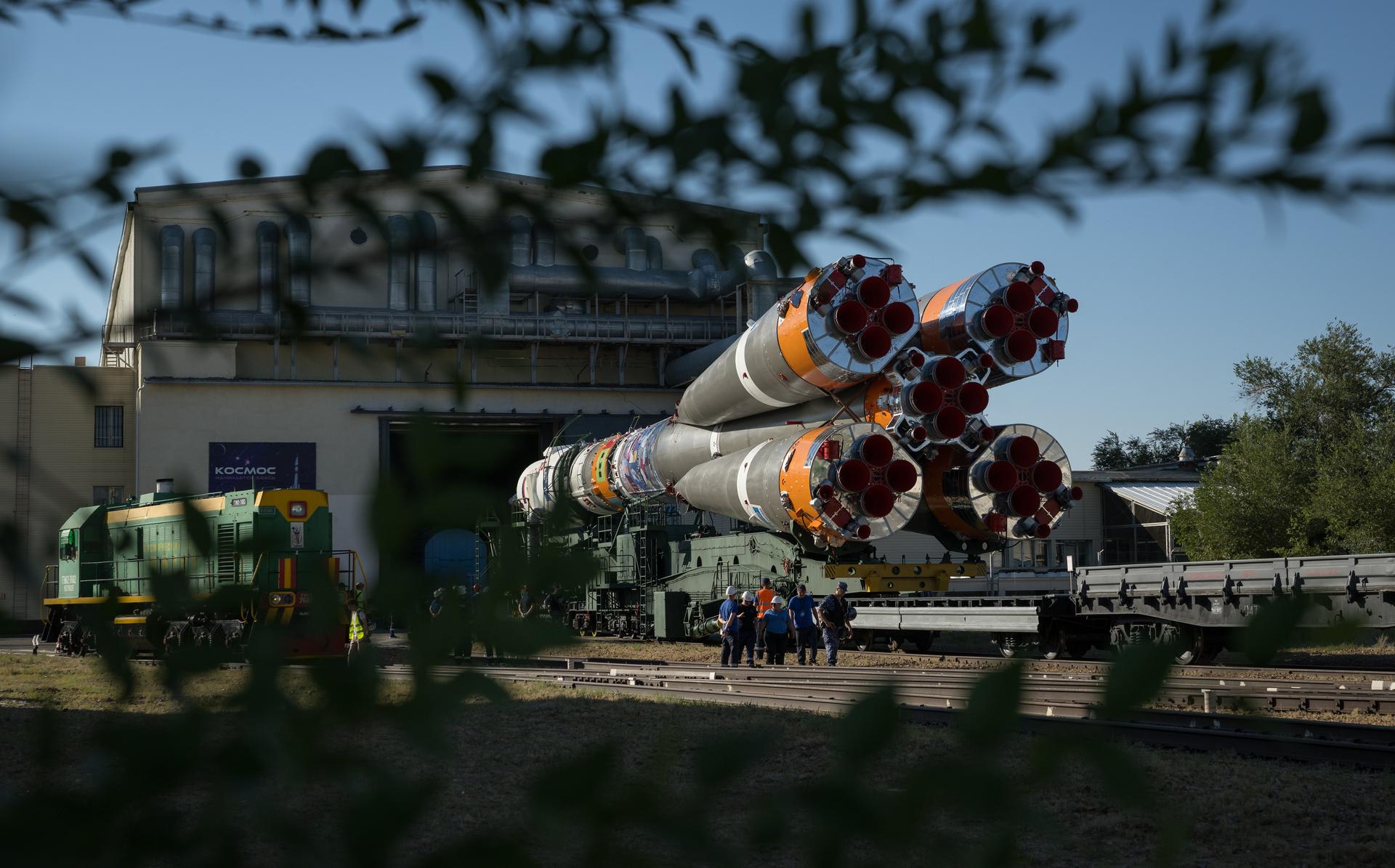 The Soyuz rocket is rolled out by train to the launch pad, Saturday, July 11, 2026, at Site 31 of the Baikonur Cosmodrome in Kazakhstan. Expedition 75 crewmembers: NASA astronaut Anil Menon, Roscosmos cosmonauts Pyotr Dubrov and Anna Kikina are scheduled to launch aboard their Soyuz MS-29 spacecraft on July 14. Photo Credit: (NASA/Bill Ingalls)