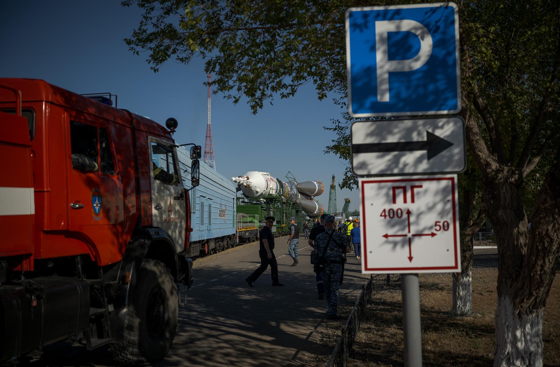 The Soyuz rocket is rolled out by train to the launch pad, Saturday, July 11, 2026, at Site 31 of the Baikonur Cosmodrome in Kazakhstan. Expedition 75 crewmembers: NASA astronaut Anil Menon, Roscosmos cosmonauts Pyotr Dubrov and Anna Kikina are scheduled to launch aboard their Soyuz MS-29 spacecraft on July 14. Photo Credit: (NASA/Bill Ingalls)
