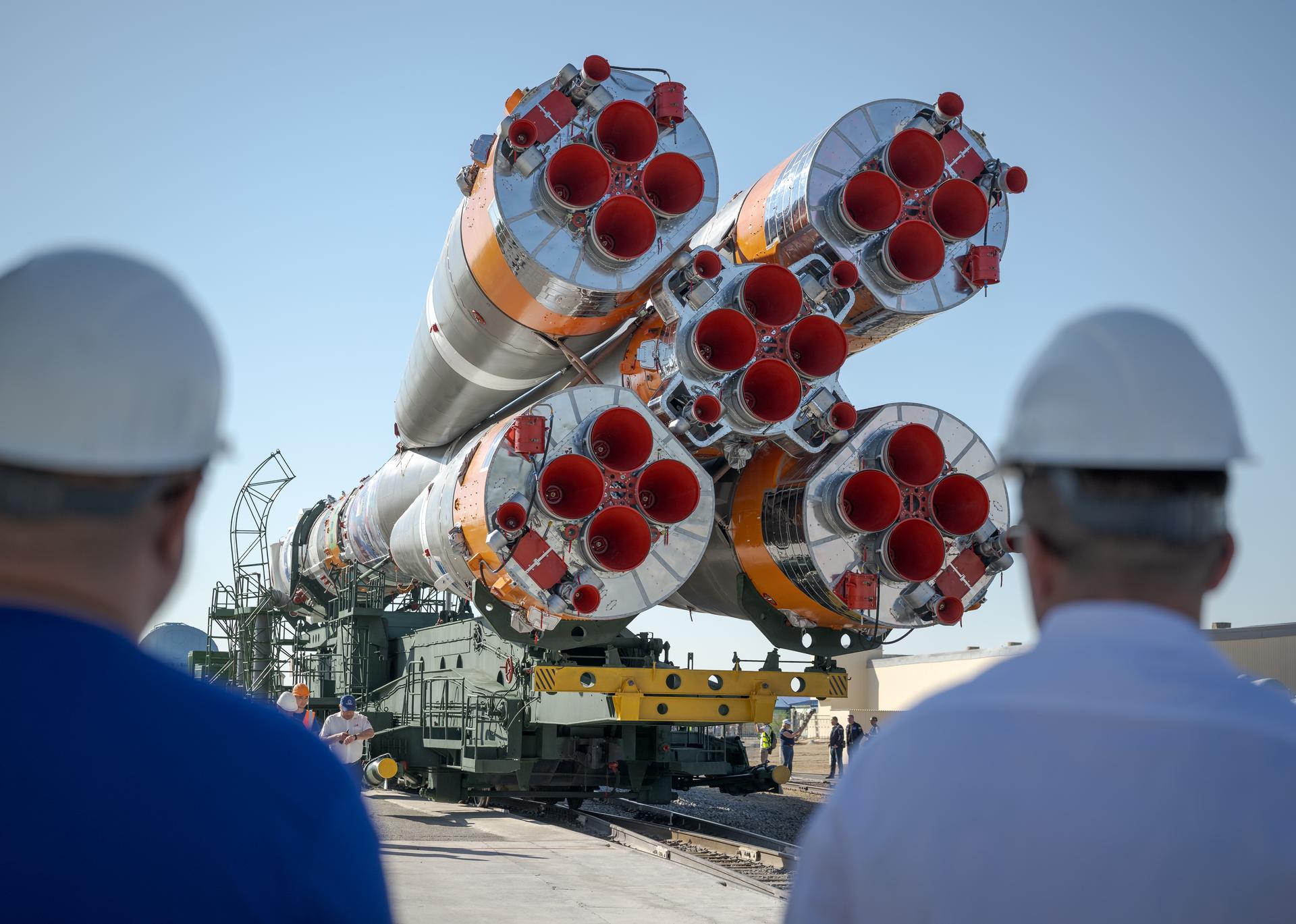 The Soyuz rocket is rolled out by train to the launch pad, Saturday, July 11, 2026, at Site 31 of the Baikonur Cosmodrome in Kazakhstan. Expedition 75 crewmembers: NASA astronaut Anil Menon, Roscosmos cosmonauts Pyotr Dubrov and Anna Kikina are scheduled to launch aboard their Soyuz MS-29 spacecraft on July 14. Photo Credit: (NASA/Bill Ingalls)