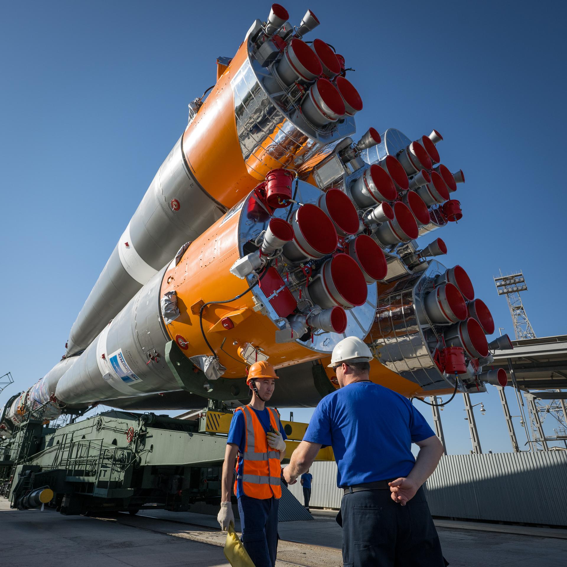 The Soyuz rocket is rolled out by train to the launch pad, Saturday, July 11, 2026, at Site 31 of the Baikonur Cosmodrome in Kazakhstan. Expedition 75 crewmembers: NASA astronaut Anil Menon, Roscosmos cosmonauts Pyotr Dubrov and Anna Kikina are scheduled to launch aboard their Soyuz MS-29 spacecraft on July 14. Photo Credit: (NASA/Bill Ingalls)