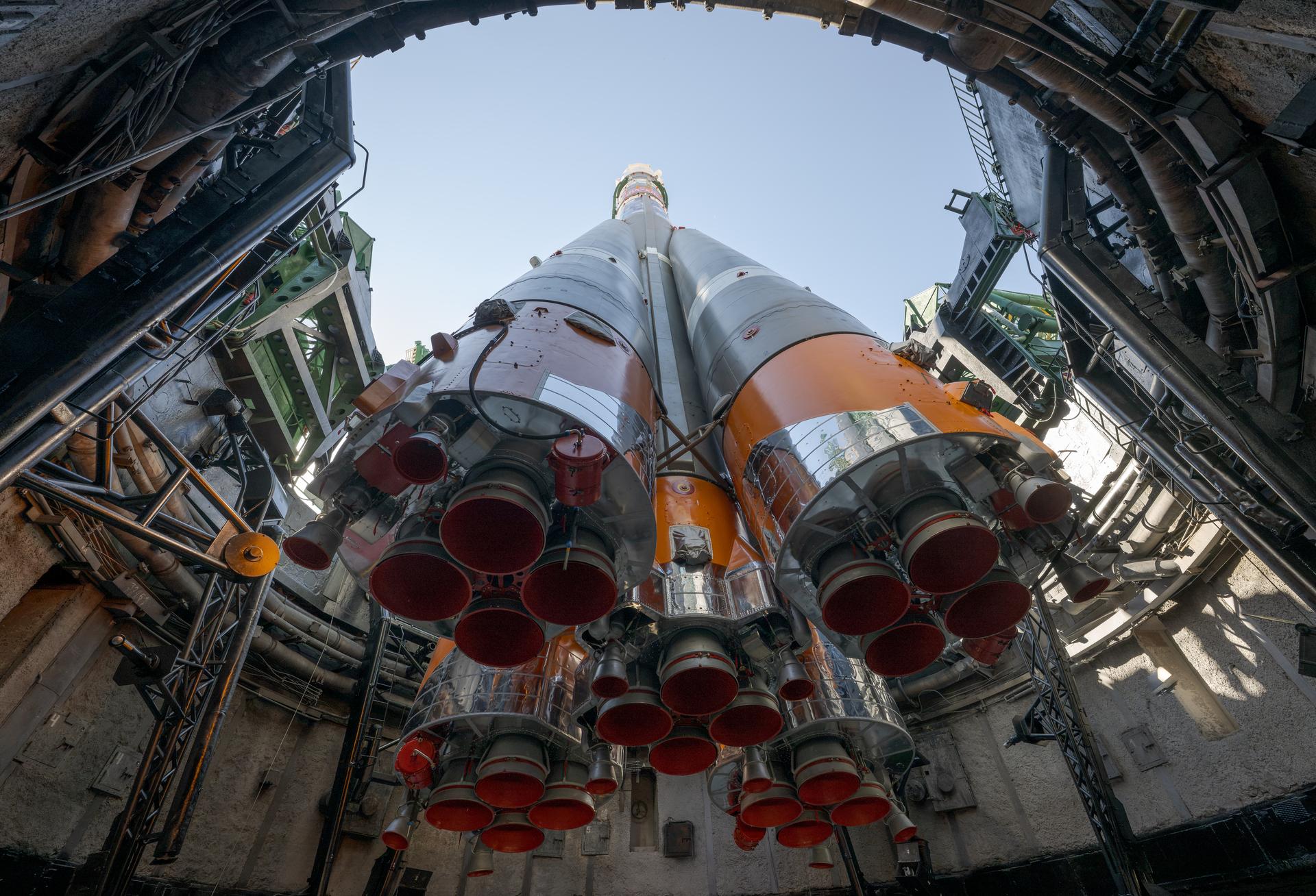 The Soyuz rocket is raised into position at the Site 31 launch pad of the Baikonur Cosmodrome in Kazakhstan, Saturday, July 11, 2026. Expedition 75 crewmembers: NASA astronaut Anil Menon, Roscosmos cosmonauts Pyotr Dubrov and Anna Kikina are scheduled to launch aboard their Soyuz MS-29 spacecraft on July 14. Photo Credit: (NASA/Bill Ingalls)