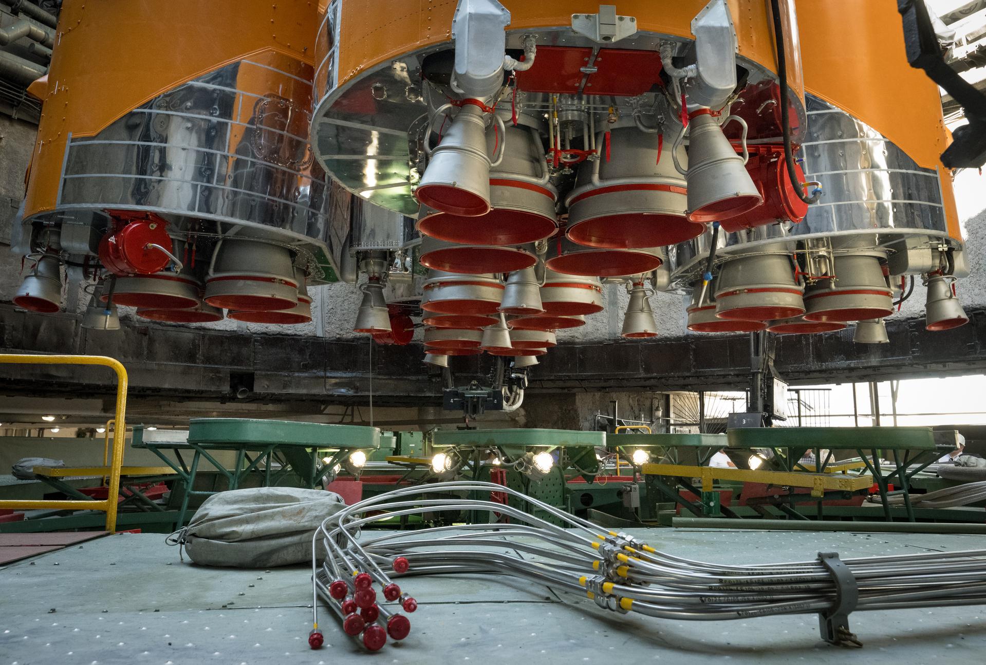 The Soyuz rocket is raised into position at the Site 31 launch pad of the Baikonur Cosmodrome in Kazakhstan, Saturday, July 11, 2026. Expedition 75 crewmembers: NASA astronaut Anil Menon, Roscosmos cosmonauts Pyotr Dubrov and Anna Kikina are scheduled to launch aboard their Soyuz MS-29 spacecraft on July 14. Photo Credit: (NASA/Bill Ingalls)