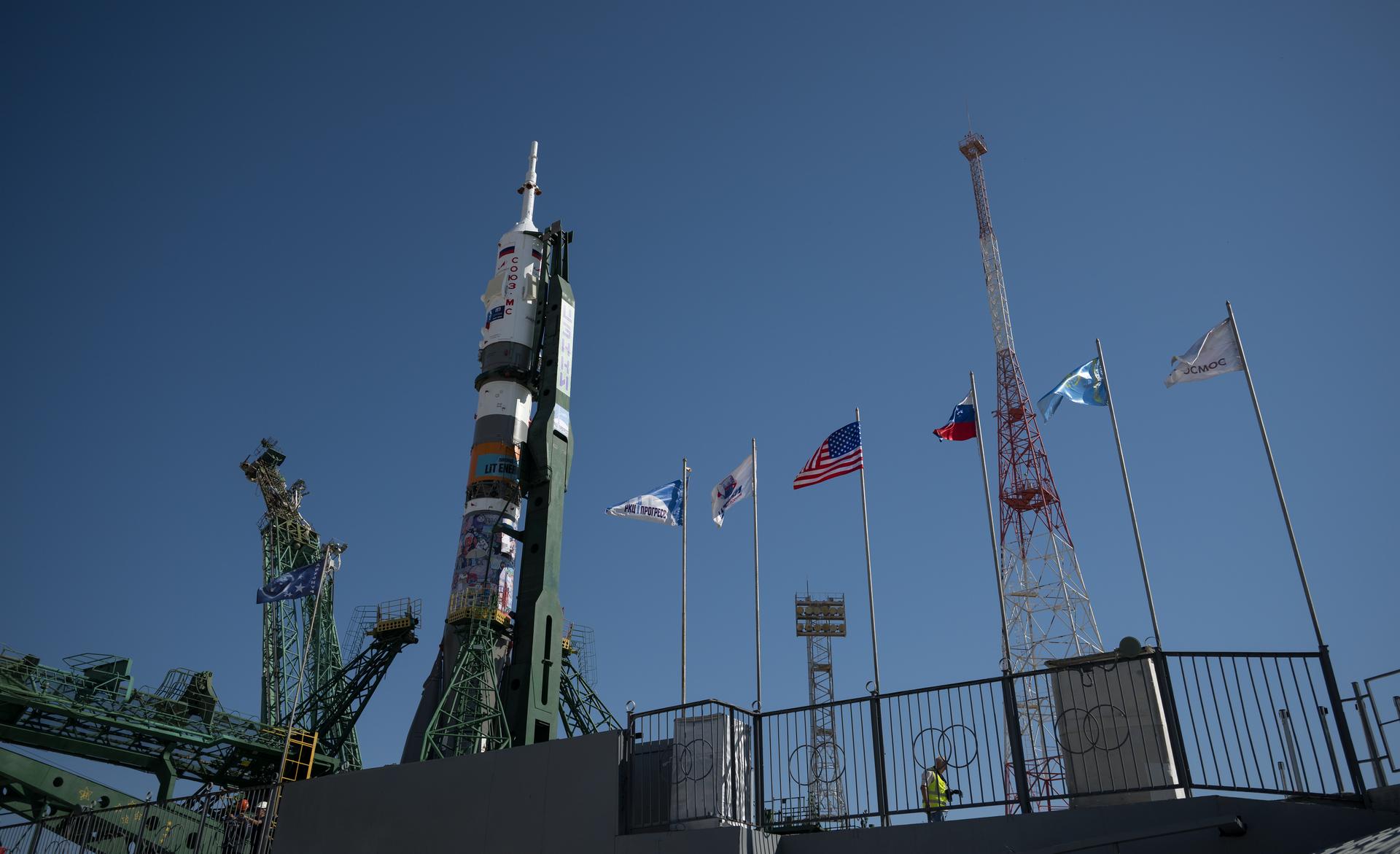 The Soyuz rocket is raised into position at the Site 31 launch pad of the Baikonur Cosmodrome in Kazakhstan, Saturday, July 11, 2026. Expedition 75 crewmembers: NASA astronaut Anil Menon, Roscosmos cosmonauts Pyotr Dubrov and Anna Kikina are scheduled to launch aboard their Soyuz MS-29 spacecraft on July 14. Photo Credit: (NASA/Bill Ingalls)
