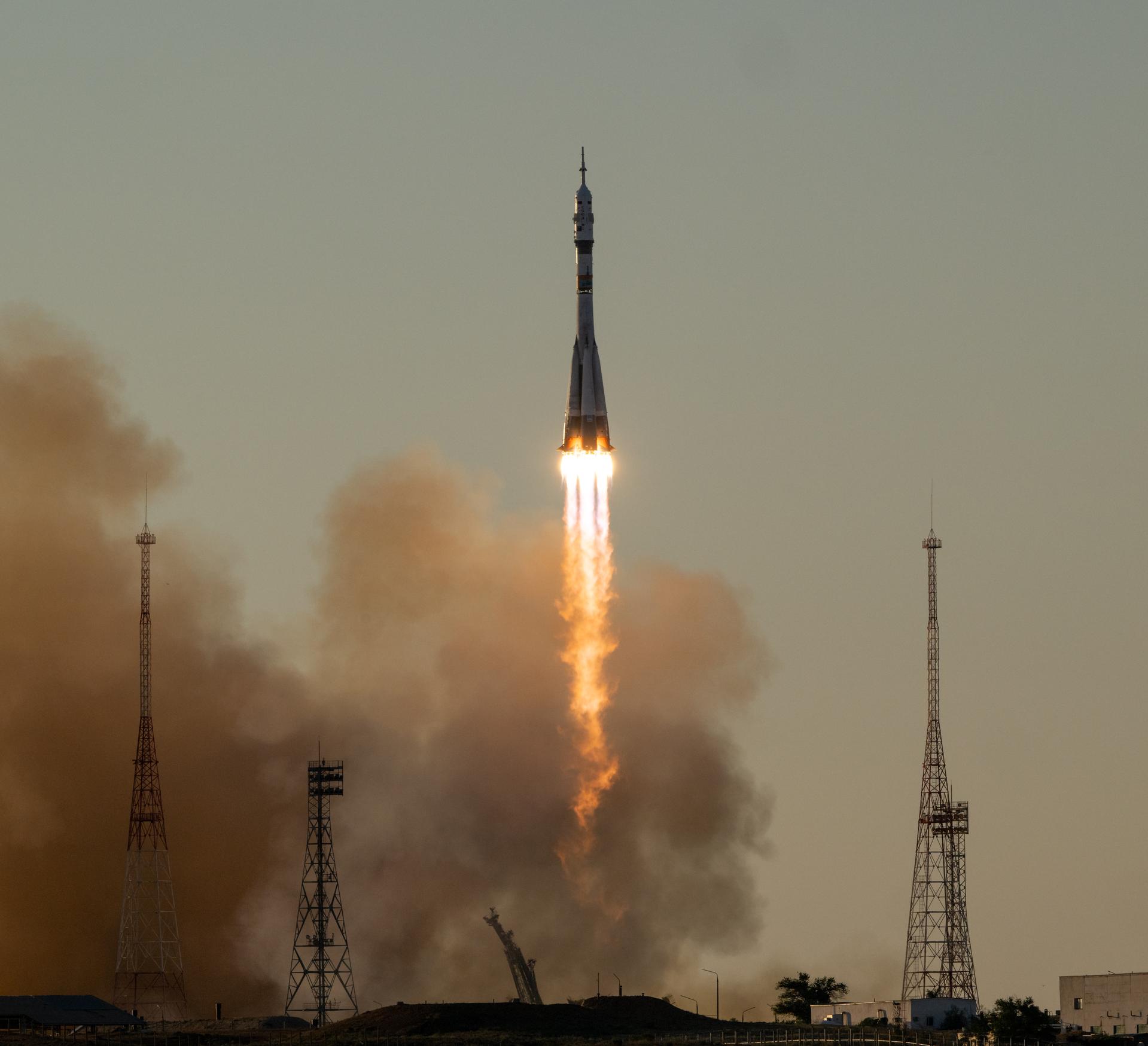 The Soyuz rocket launches to the International Space Station with Expedition 75 crewmembers: NASA astronaut Anil Menon, Roscosmos cosmonauts Pyotr Dubrov, and Anna Kikina onboard, Tuesday, July 14, 2026, at the Baikonur Cosmodrome in Kazakhstan. Photo Credit: (NASA/Bill Ingalls)
