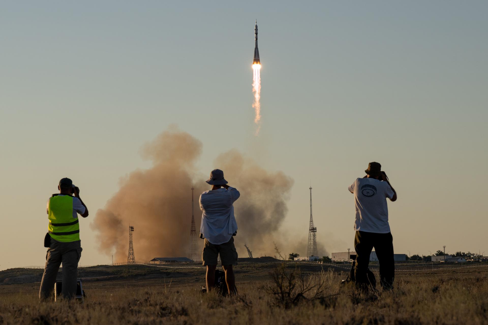 The Soyuz rocket launches to the International Space Station with Expedition 75 crewmembers: NASA astronaut Anil Menon, Roscosmos cosmonauts Pyotr Dubrov, and Anna Kikina onboard, Tuesday, July 14, 2026, at the Baikonur Cosmodrome in Kazakhstan. Photo Credit: (NASA/Bill Ingalls)