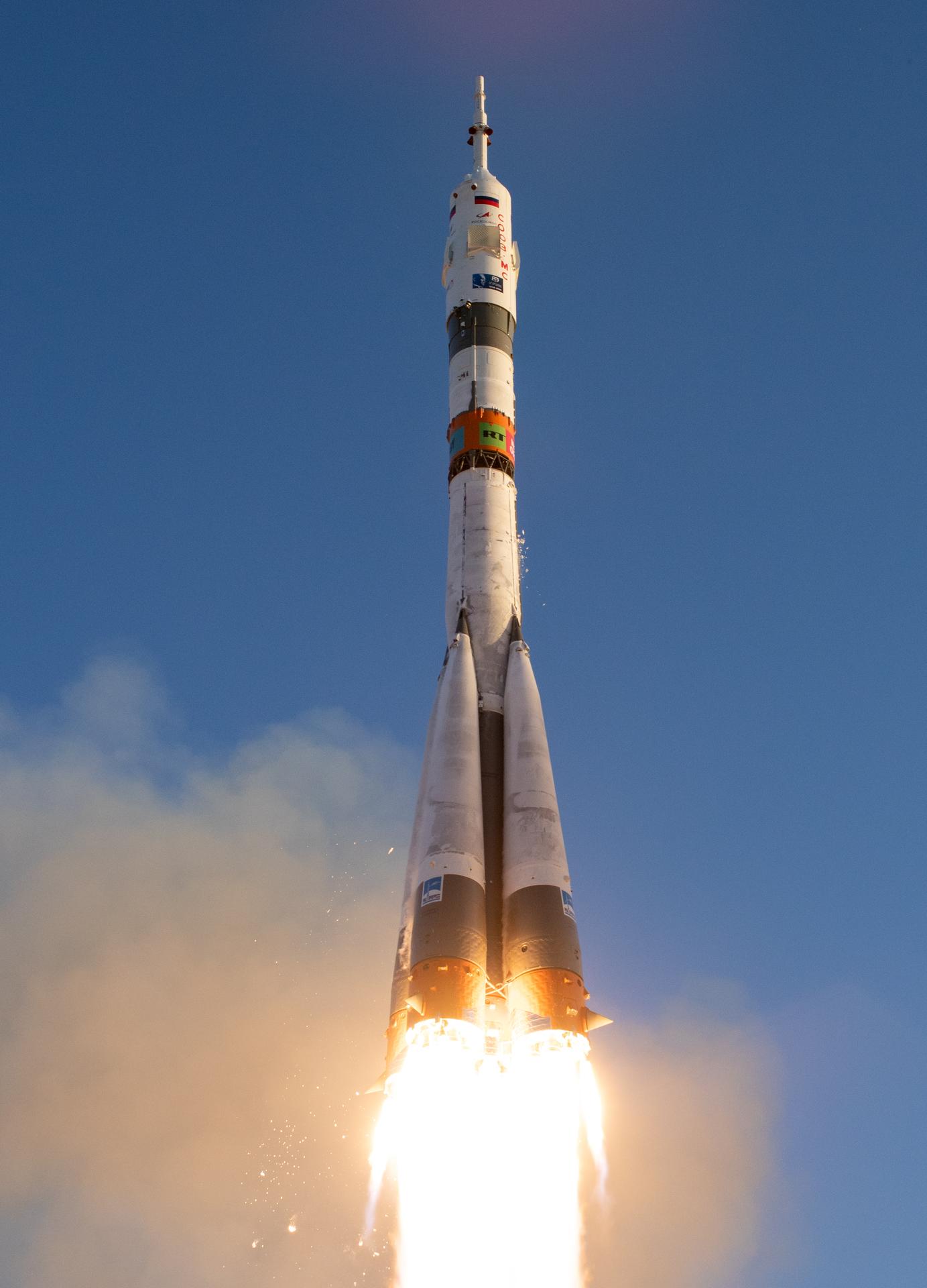 The Soyuz rocket launches to the International Space Station with Expedition 75 crewmembers: NASA astronaut Anil Menon, Roscosmos cosmonauts Pyotr Dubrov, and Anna Kikina onboard, Tuesday, July 14, 2026, at the Baikonur Cosmodrome in Kazakhstan. Photo Credit: (NASA/Bill Ingalls)