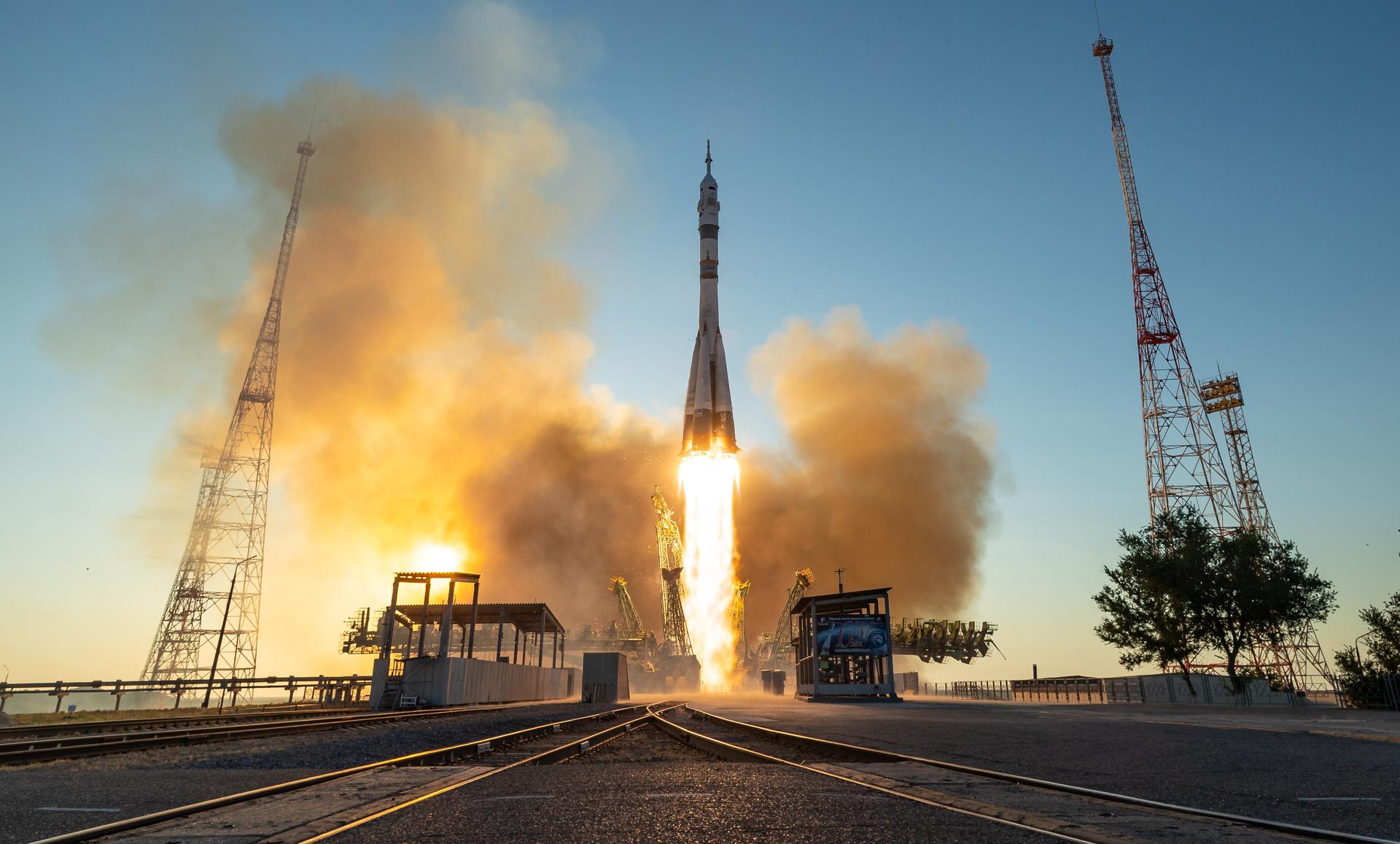 The Soyuz rocket launches to the International Space Station with Expedition 75 crewmembers: NASA astronaut Anil Menon, Roscosmos cosmonauts Pyotr Dubrov, and Anna Kikina onboard, Tuesday, July 14, 2026, at the Baikonur Cosmodrome in Kazakhstan. Photo Credit: (NASA/Bill Ingalls)