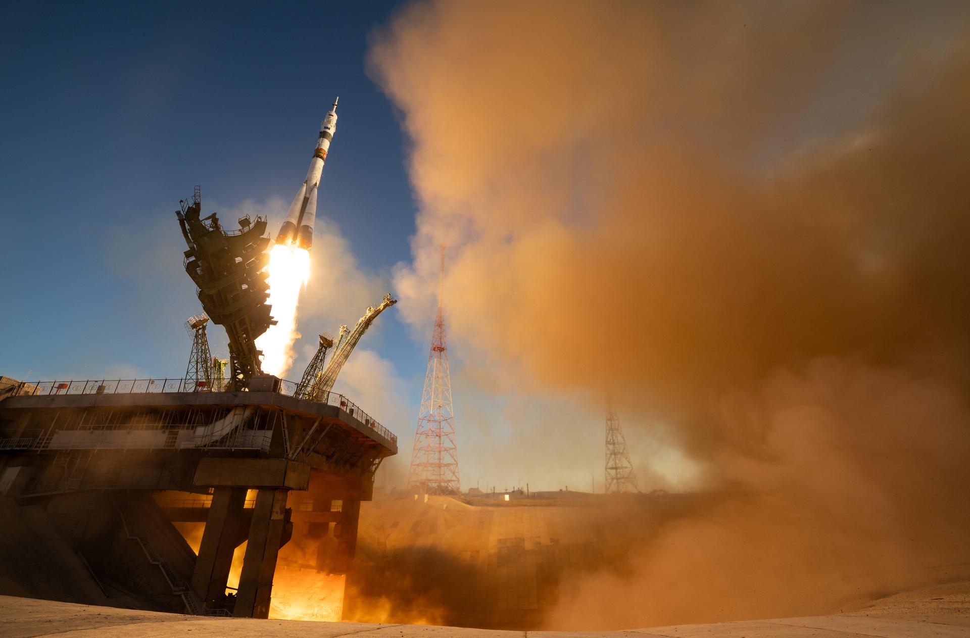 The Soyuz rocket launches to the International Space Station with Expedition 75 crewmembers: NASA astronaut Anil Menon, Roscosmos cosmonauts Pyotr Dubrov, and Anna Kikina onboard, Tuesday, July 14, 2026, at the Baikonur Cosmodrome in Kazakhstan. Photo Credit: (NASA/Bill Ingalls)