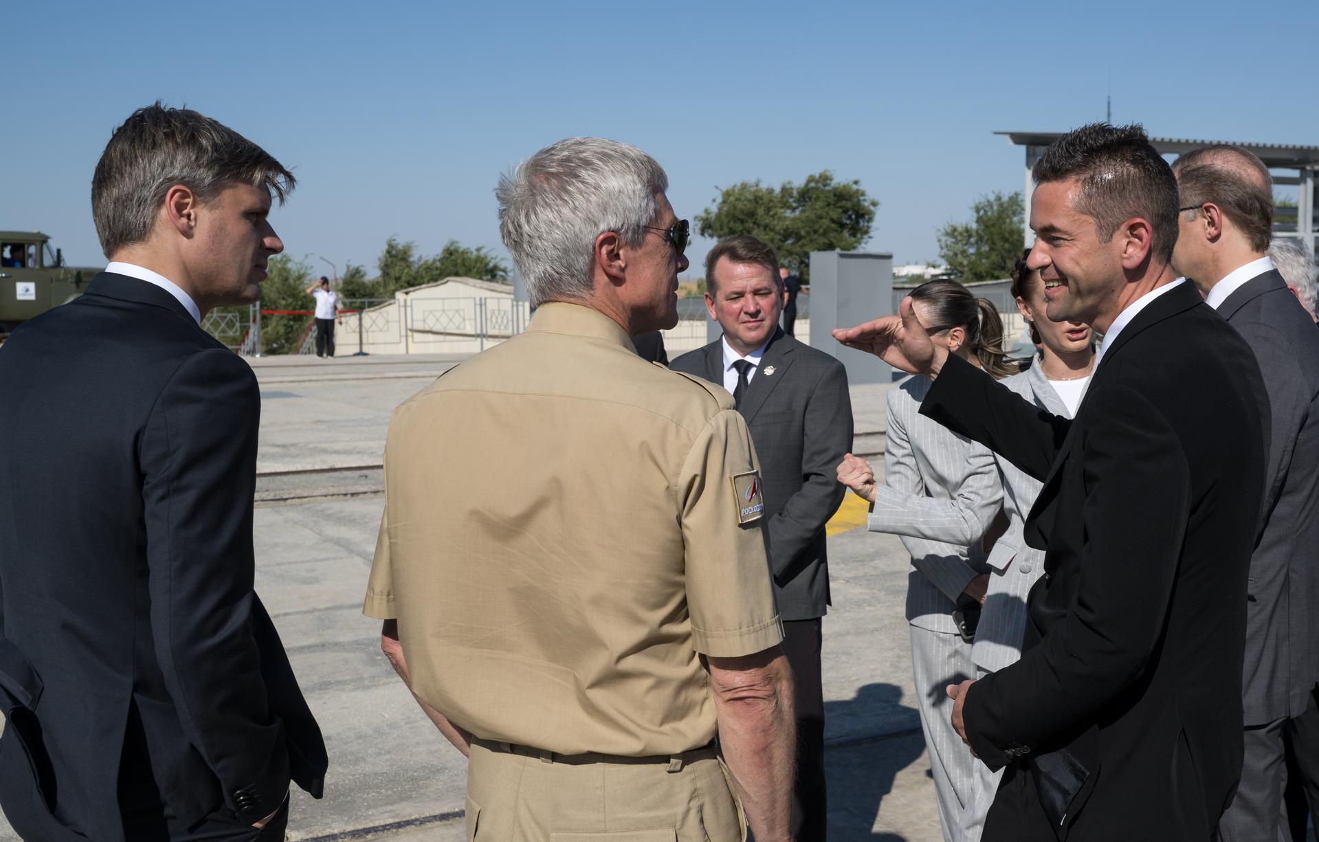 Roscosmos Director General Dmitry Bakanov, left, Roscosmos Director of Human Spaceflight Programs Sergei Krikalev, NASA Deputy Administrator Matt Anderson, and NASA Administrator Jared Isaacman, right, are seen as they await the arrival of the Expedition 75 crew: NASA astronaut Anil Menon, Roscosmos cosmonauts Pyotr Dubrov, and Anna Kikina,  to boarding the Soyuz MS-29 spacecraft for launch, Tuesday, July 14, 2026 at the Baikonur Cosmodrome in Kazakhstan. Launch of the Soyuz rocket will send the trio on a mission to the International Space Station. Photo Credit: (NASA/Bill Ingalls)