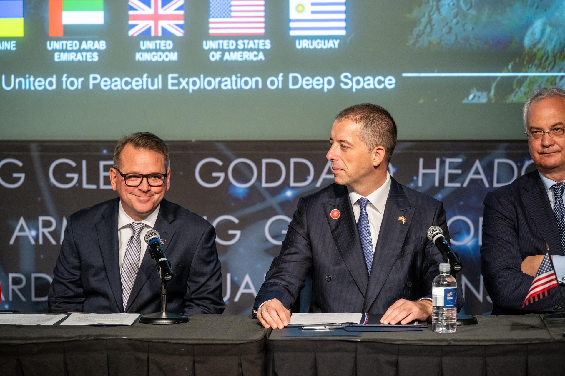 NASA Deputy Administrator Matt Anderson, left, delivers remarks during an Artemis Accords signing ceremony Thursday, July 16, 2026, at the Mary W. Jackson NASA Headquarters building in Washington. Serbia is the 69th country to sign the Artemis Accords, which establish a practical set of principles to guide space exploration cooperation among nations participating in NASA’s Artemis program. Photo Credit: (NASA/Keegan Barber)