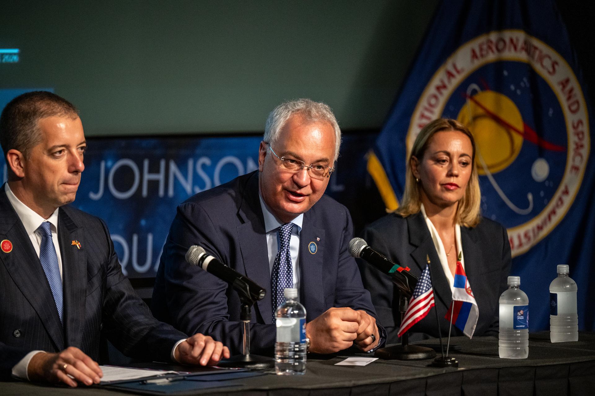Ambassador of Serbia to the Unites States Dragan Šutanovac, center, delivers remarks during an Artemis Accords signing ceremony Thursday, July 16, 2026, at the Mary W. Jackson NASA Headquarters building in Washington. Serbia is the 69th country to sign the Artemis Accords, which establish a practical set of principles to guide space exploration cooperation among nations participating in NASA’s Artemis program. Photo Credit: (NASA/Keegan Barber)