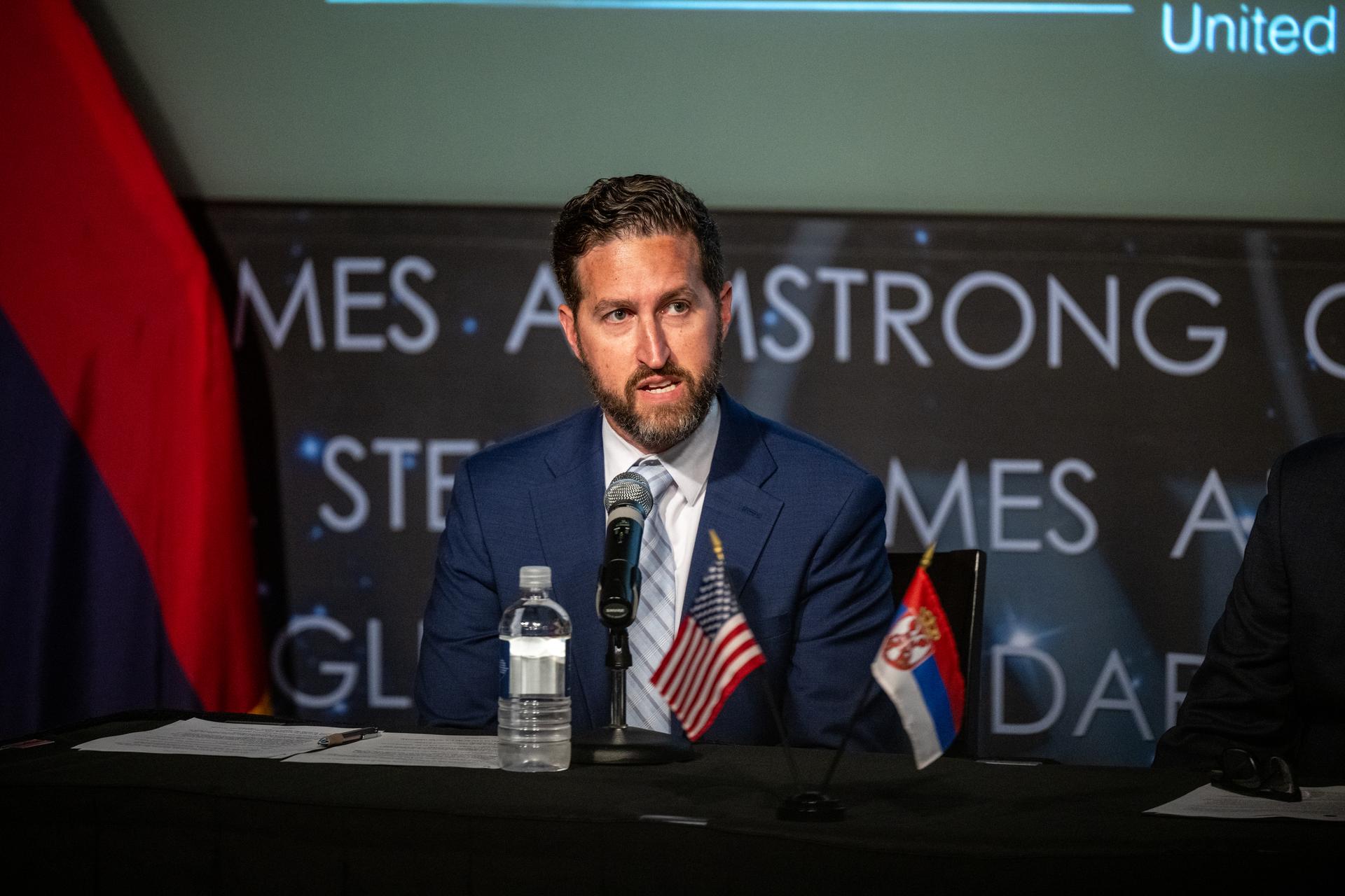 Assistant Secretary of State for Oceans and International Environmental and Scientific Affairs Wesley Brooks delivers remarks during an Artemis Accords signing ceremony Thursday, July 16, 2026, at the Mary W. Jackson NASA Headquarters building in Washington. Serbia is the 69th country to sign the Artemis Accords, which establish a practical set of principles to guide space exploration cooperation among nations participating in NASA’s Artemis program. Photo Credit: (NASA/Keegan Barber)