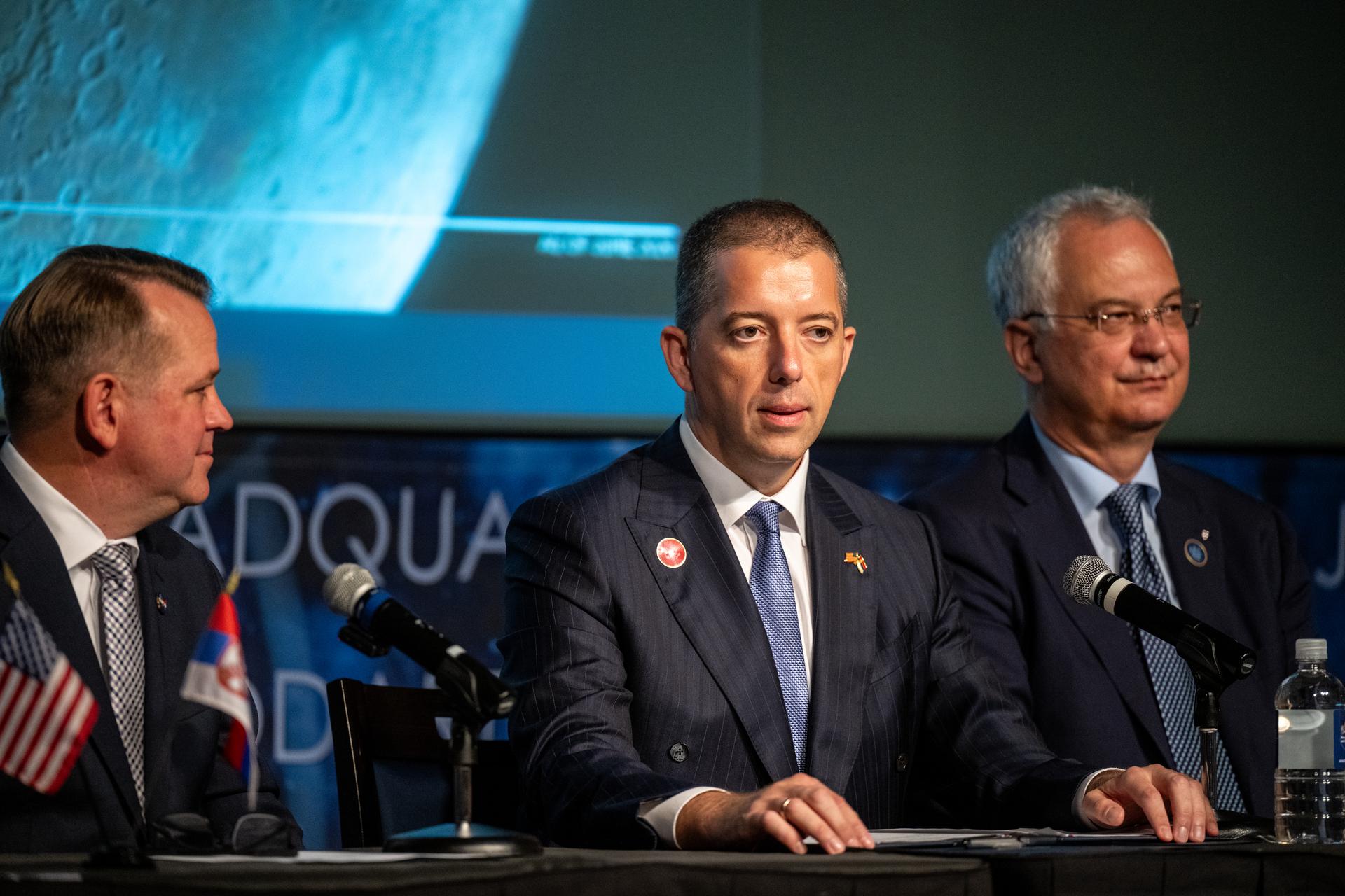 Minister of Foreign Affairs Marko Đurić, center, delivers remarks during an Artemis Accords signing ceremony Thursday, July 16, 2026, at the Mary W. Jackson NASA Headquarters building in Washington. Serbia is the 69th country to sign the Artemis Accords, which establish a practical set of principles to guide space exploration cooperation among nations participating in NASA’s Artemis program. Photo Credit: (NASA/Keegan Barber)