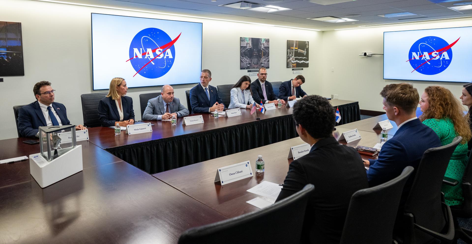 Representatives from Serbia and members of NASA’s Office of International and Interagency Relations participate in a bilateral meeting following an Artemis Accords signing ceremony Thursday, July 16, 2026, at the Mary W. Jackson NASA Headquarters building in Washington. Serbia is the 69th country to sign the Artemis Accords, which establish a practical set of principles to guide space exploration cooperation among nations participating in NASA’s Artemis program. Photo Credit: (NASA/Keegan Barber)