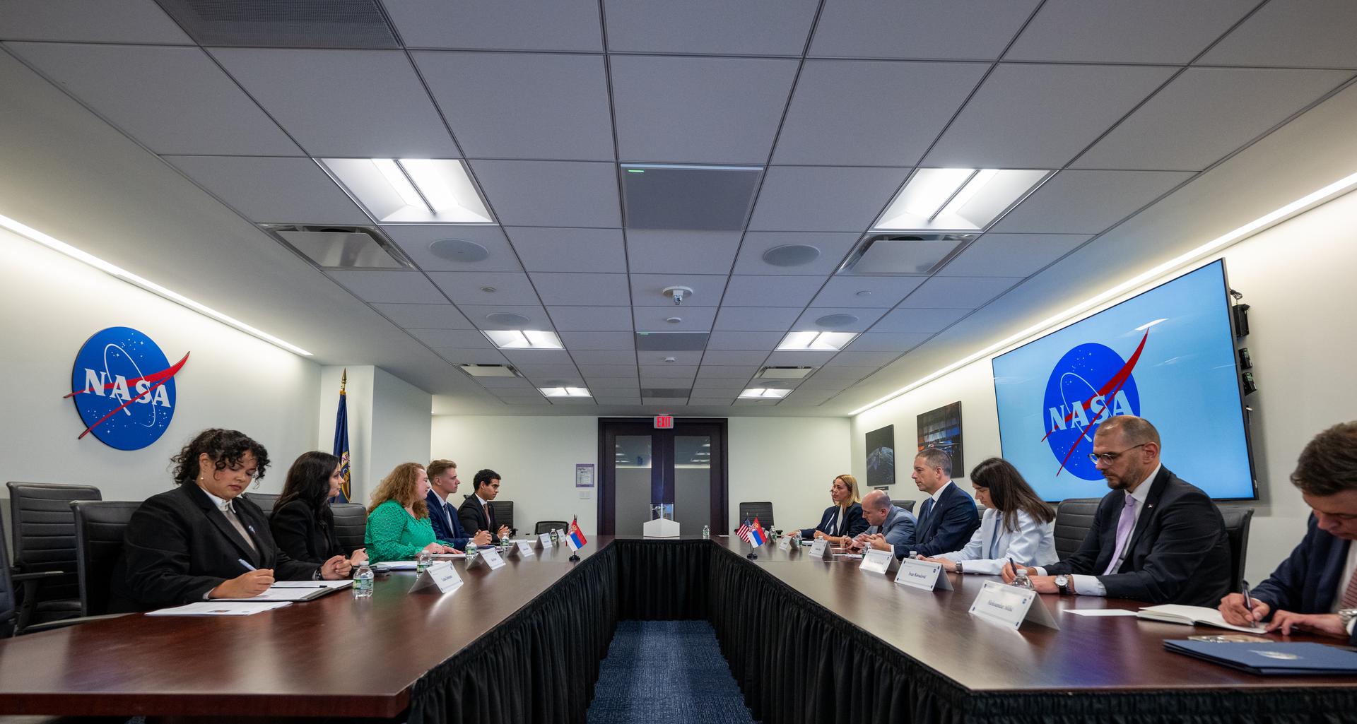 Representatives from Serbia and members of NASA’s Office of International and Interagency Relations participate in a bilateral meeting following an Artemis Accords signing ceremony Thursday, July 16, 2026, at the Mary W. Jackson NASA Headquarters building in Washington. Serbia is the 69th country to sign the Artemis Accords, which establish a practical set of principles to guide space exploration cooperation among nations participating in NASA’s Artemis program. Photo Credit: (NASA/Keegan Barber)