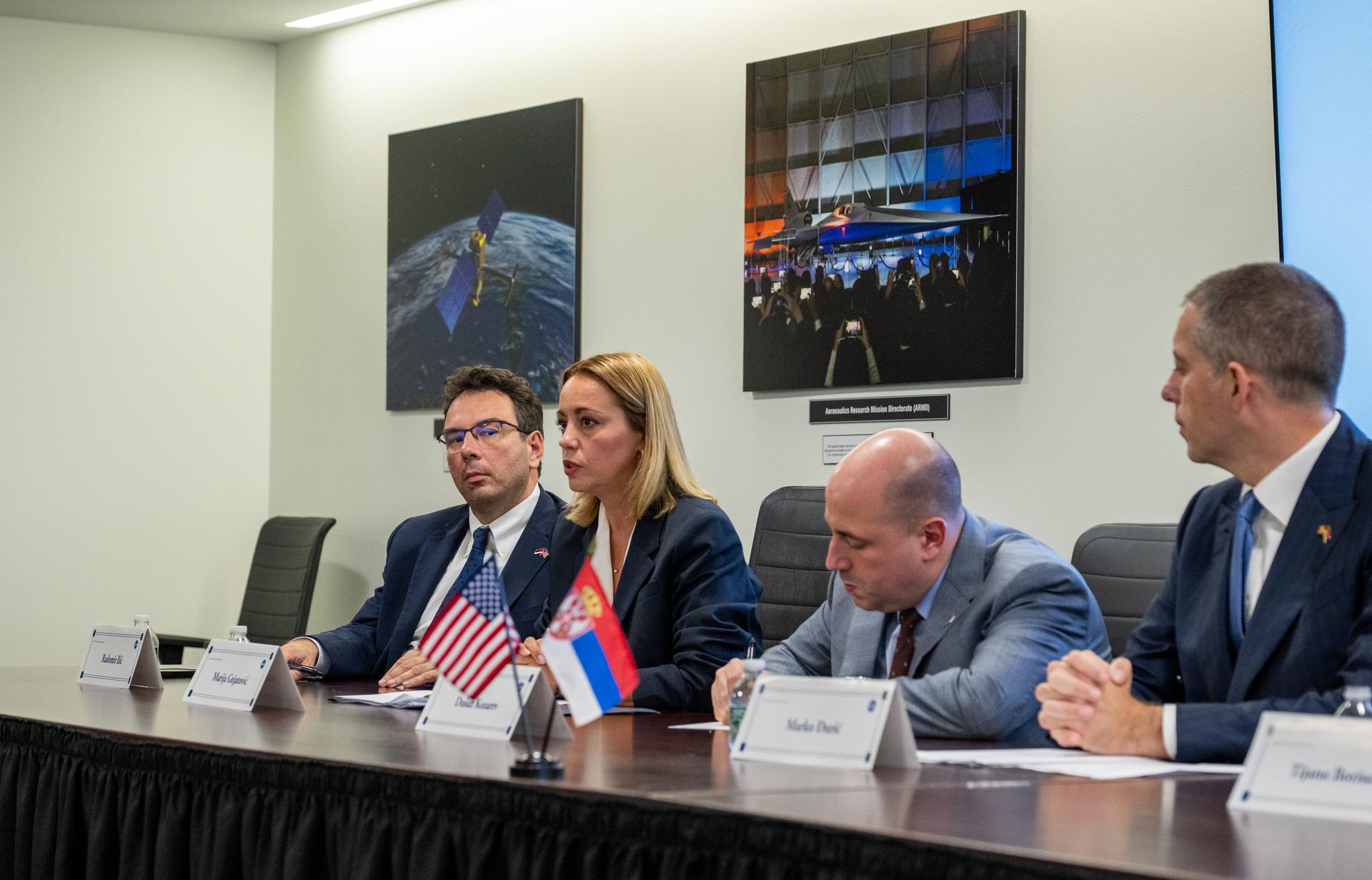 State Secretary at the Ministry of Science, Technological Development & Innovation Marija Gnjatović, second from left, speaks during a bilateral meeting with members of NASA’s Office of International and Interagency Relations following an Artemis Accords signing ceremony Thursday, July 16, 2026, at the Mary W. Jackson NASA Headquarters building in Washington. Serbia is the 69th country to sign the Artemis Accords, which establish a practical set of principles to guide space exploration cooperation among nations participating in NASA’s Artemis program. Photo Credit: (NASA/Keegan Barber)