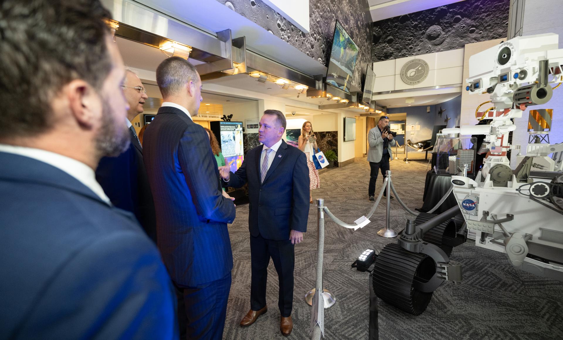 NASA Deputy Administrator Matt Anderson, right, greets, from left to right, Assistant Secretary of State for Oceans and International Environmental and Scientific Affairs Wesley Brooks, Ambassador of Serbia to the Unites States Dragan Šutanovac, and Minister of Foreign Affairs Marko Đurić prior to an Artemis Accords signing ceremony Thursday, July 16, 2026, at the Mary W. Jackson NASA Headquarters building in Washington. Serbia is the 69th country to sign the Artemis Accords, which establish a practical set of principles to guide space exploration cooperation among nations participating in NASA’s Artemis program. Photo Credit: (NASA/Keegan Barber)