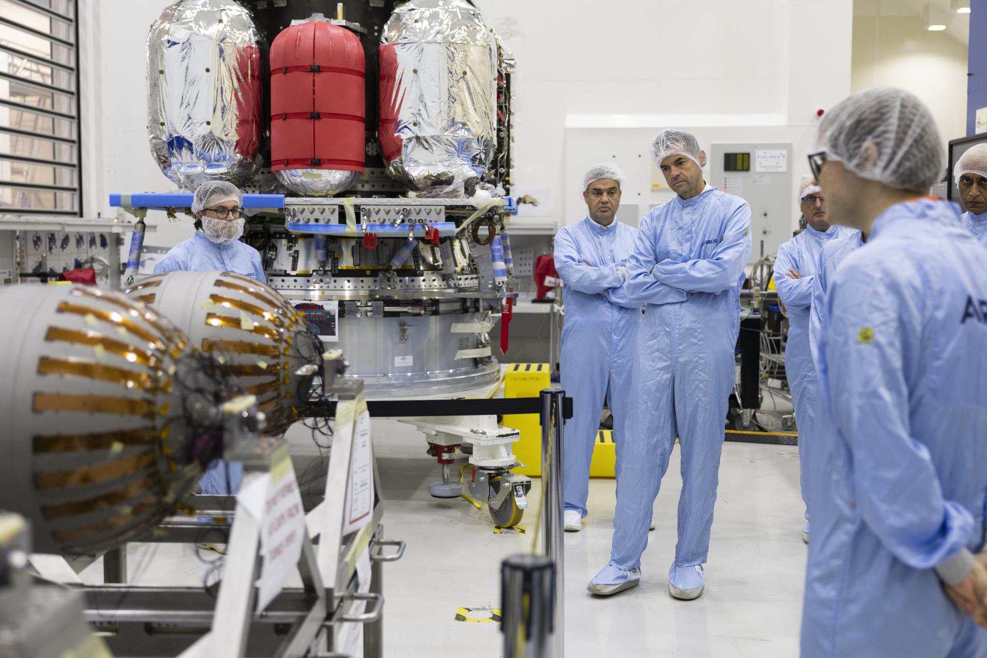 Jared Isaacman tours Airbus Defence and Space Facilities clean room in Stevenage, United Kingdom.