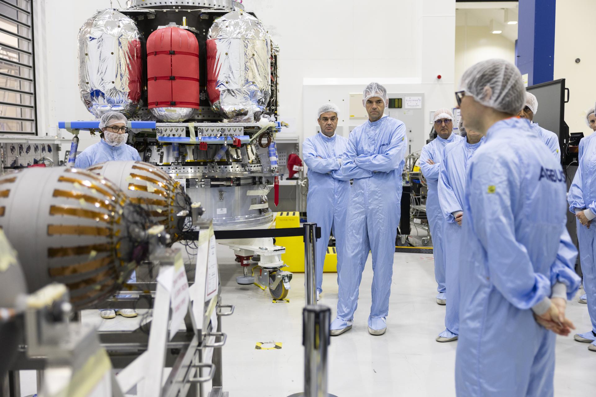 Jared Isaacman tours Airbus Defence and Space Facilities clean room in Stevenage, United Kingdom.