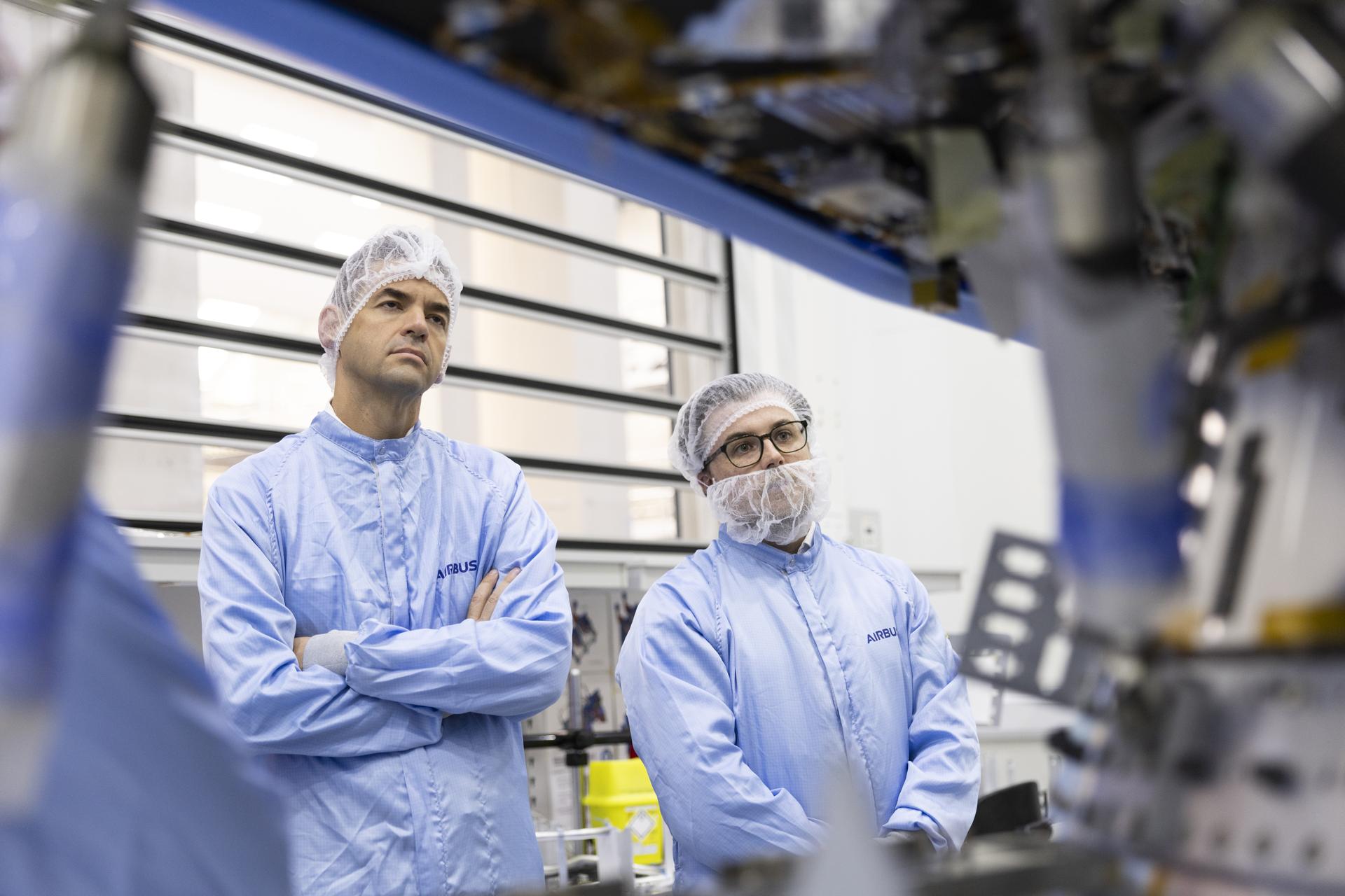 Jared Isaacman tours Airbus Defence and Space Facilities clean room in Stevenage, United Kingdom.