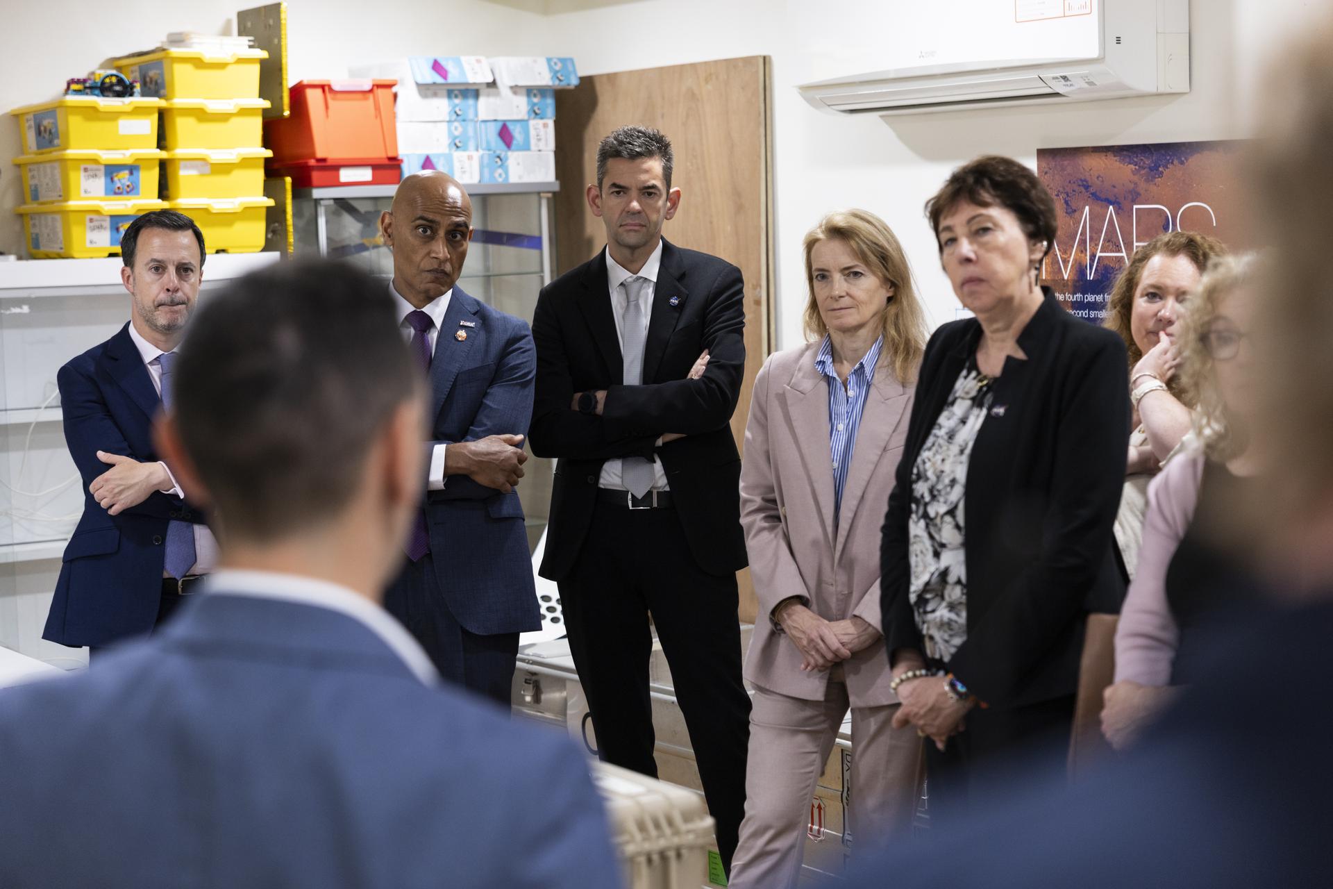 Jared Isaacman tours Airbus Defence and Space Facilities Mars Yard in Stevenage, United Kingdom. Pictured with Nicky Fox, Anu Ojha, Kevin Bonavia, and Baroness Liz Lloyd.