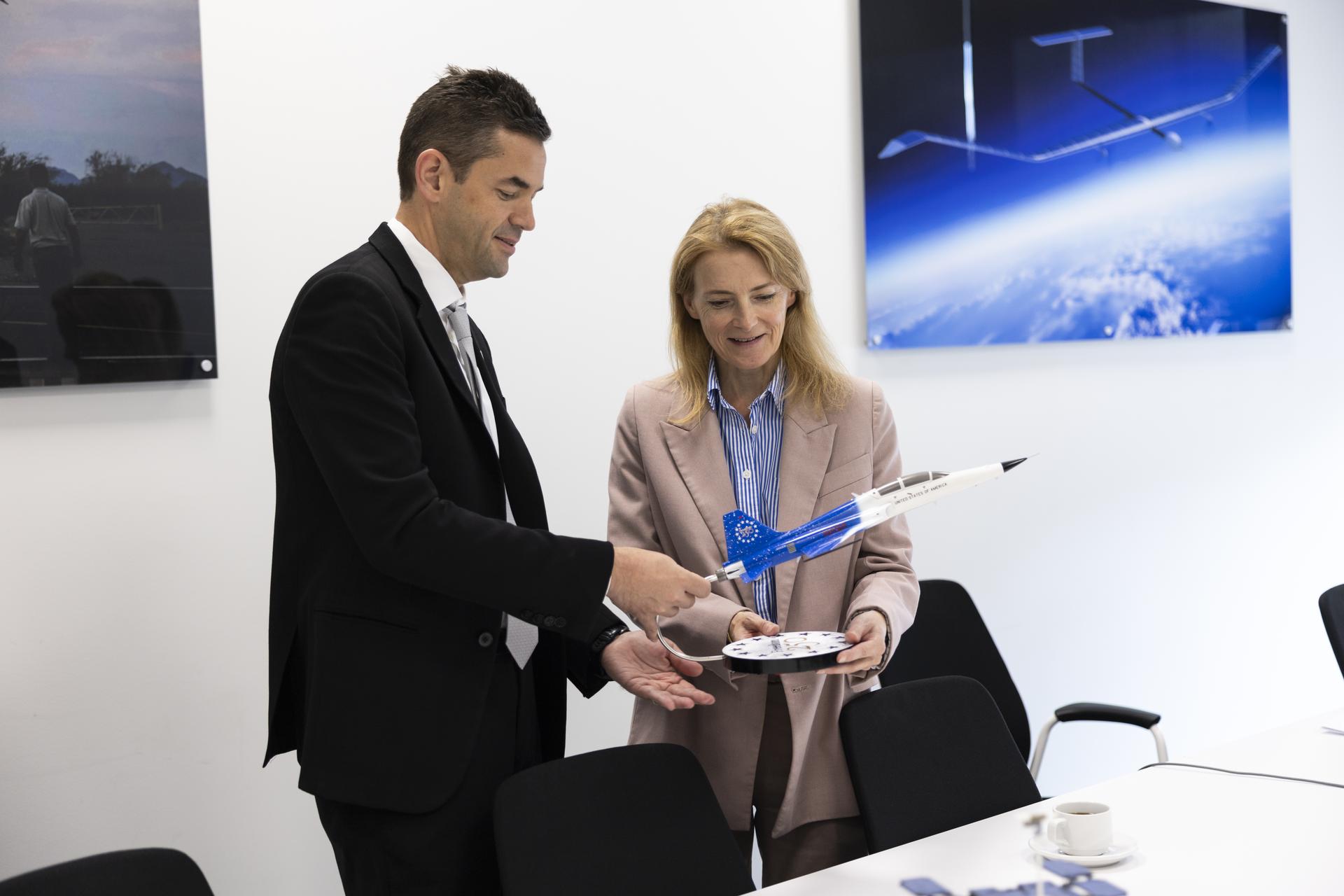 Jared Isaacman tours Airbus Defence and Space Facilities in Stevenage, United Kingdom, pictured with Baroness Liz Lloyd, Parliamentary Under‑Secretary of State at DSIT.
