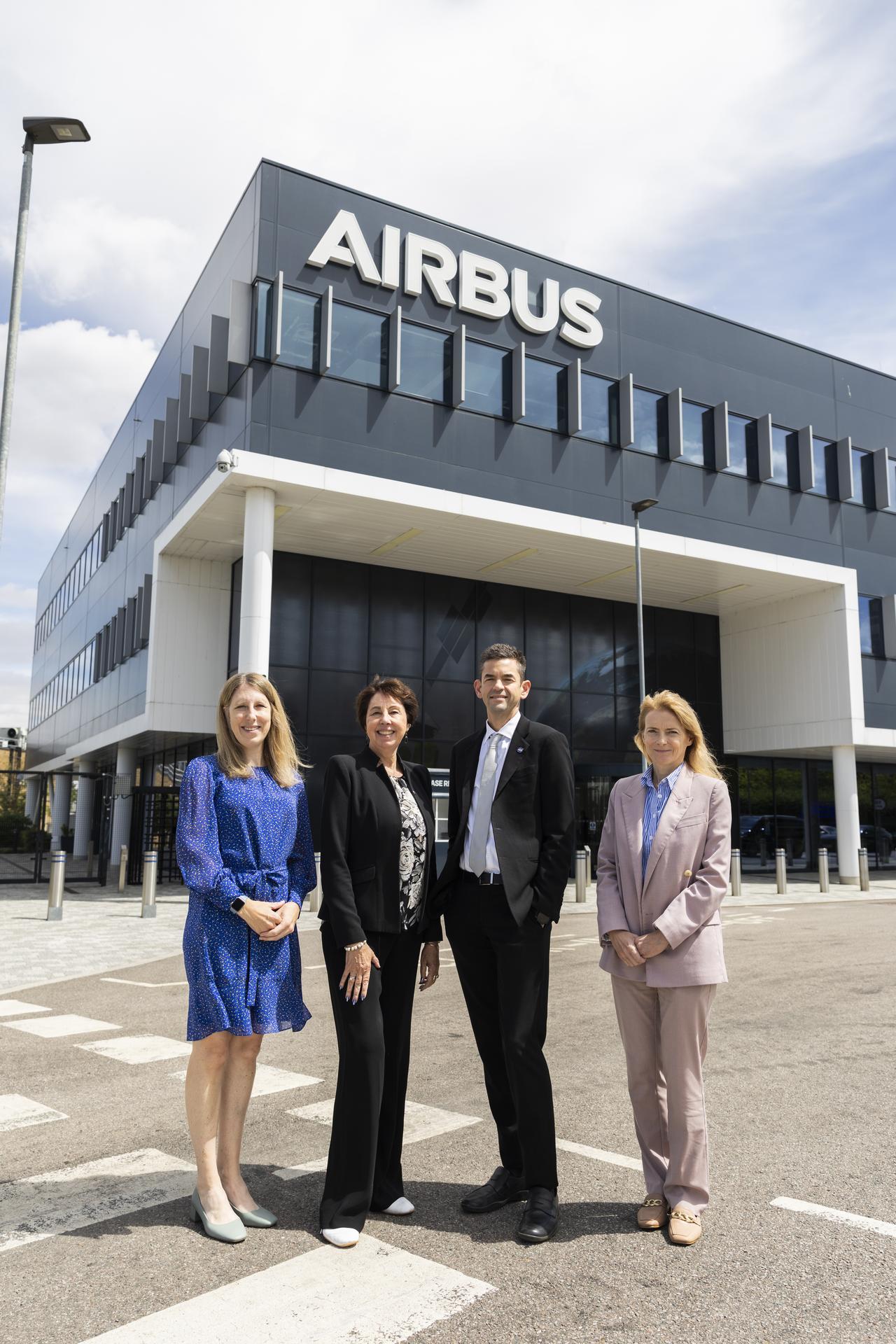 Jared Isaacman tours Airbus Defence and Space Facilities in Stevenage, United Kingdom, pictured with Baroness Liz Lloyd, Rebecca Evernden, and Nicky Fox.