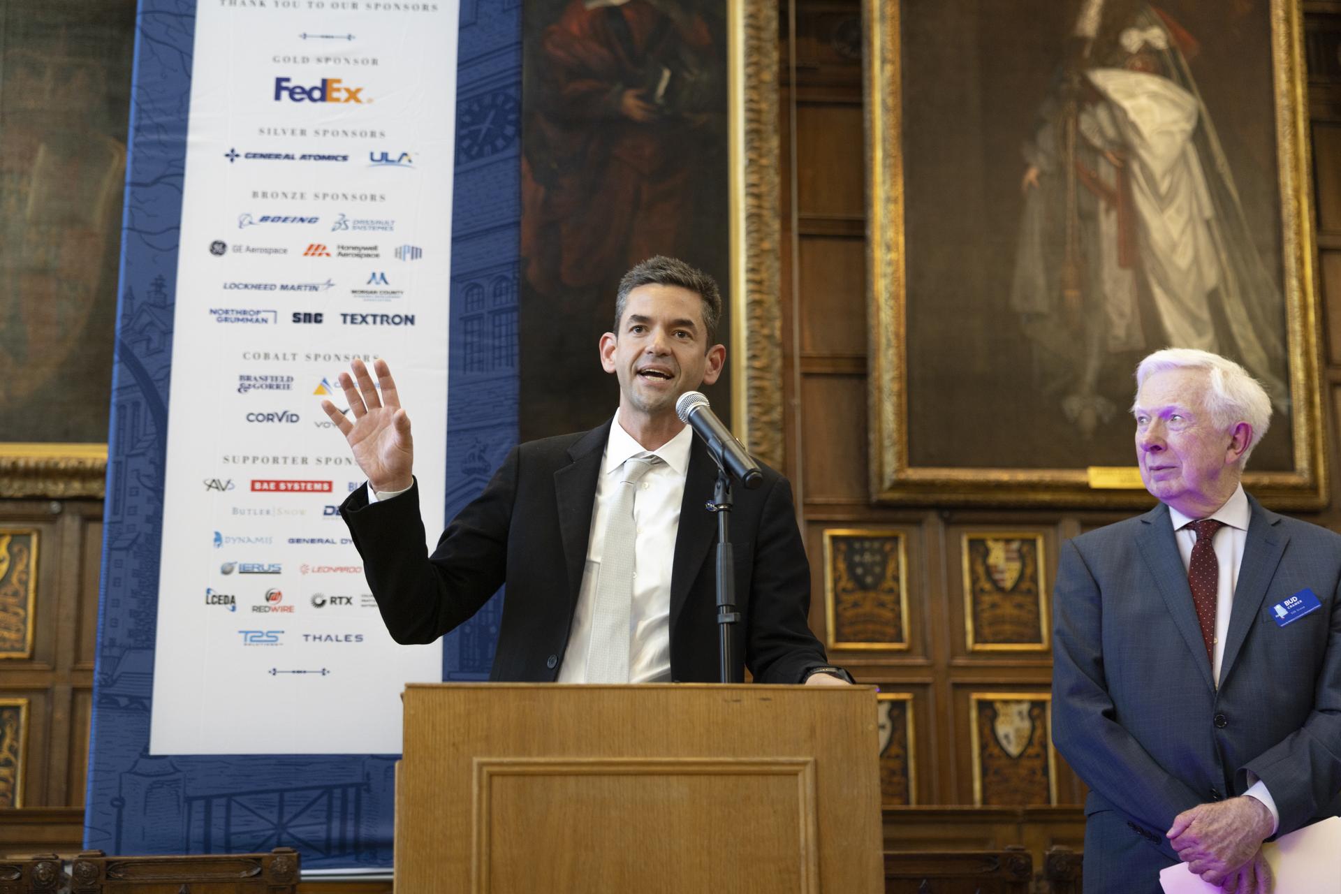 Jared Isaacman speaks at North Alabama Reception in the United Kingdom as a kick-off event for the Farnborough International Airshow.
