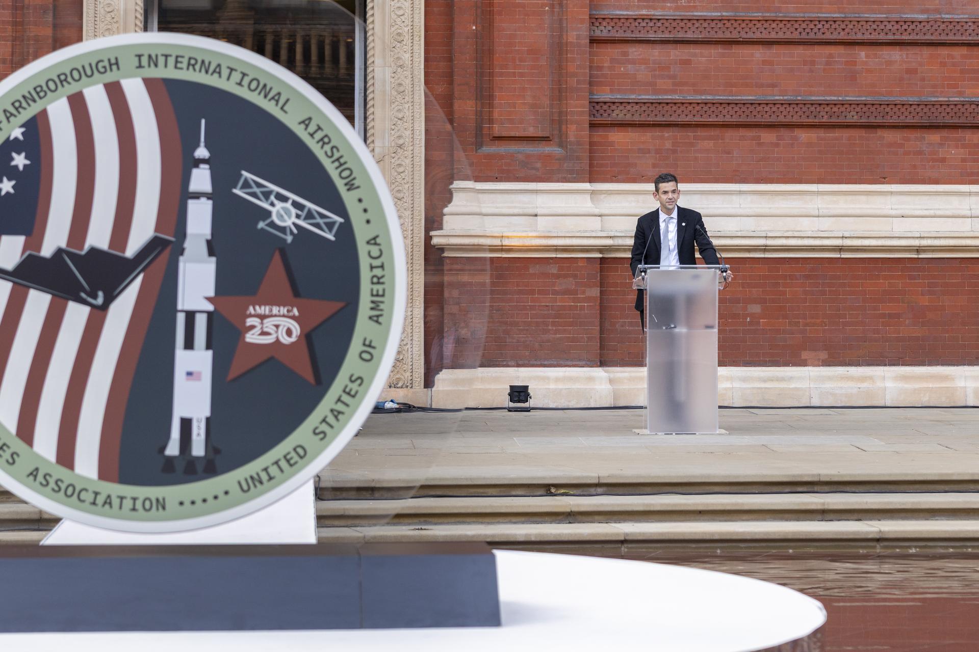 Jared Isaacman speaks at The Aerospace Industries Association Reception at the Victoria and Albert Museum in the United Kingdom.