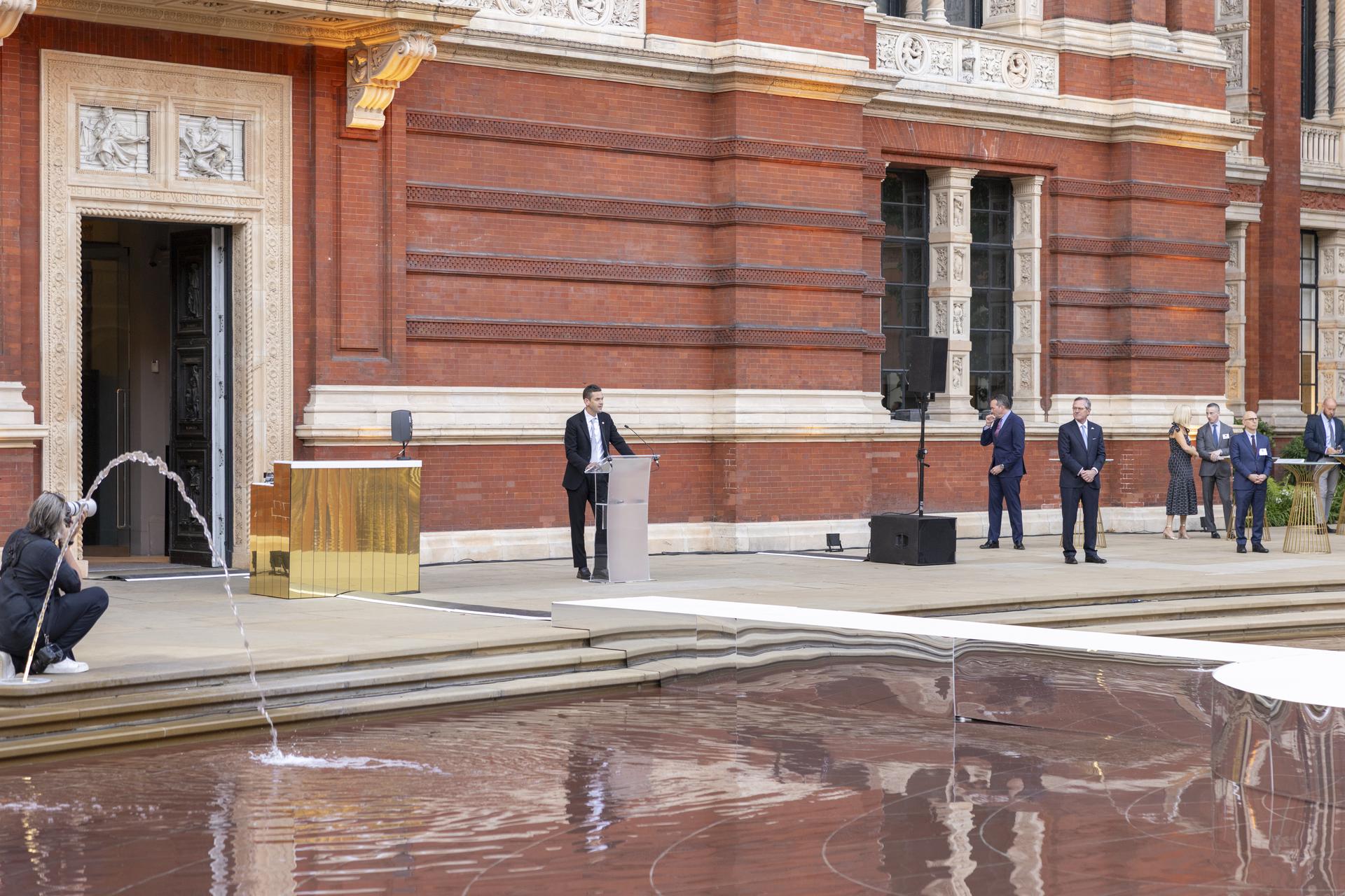 Jared Isaacman speaks at The Aerospace Industries Association Reception at the Victoria and Albert Museum in the United Kingdom.