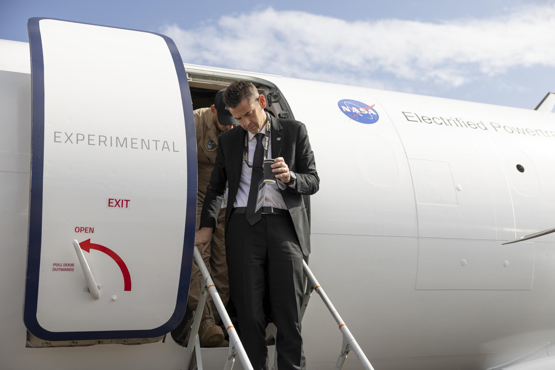 Jared Isaacman tours NASA’s Electrified Powertrain Flight Demonstration aircraft at the Farnborough International Airshow in Farnborough, UK.