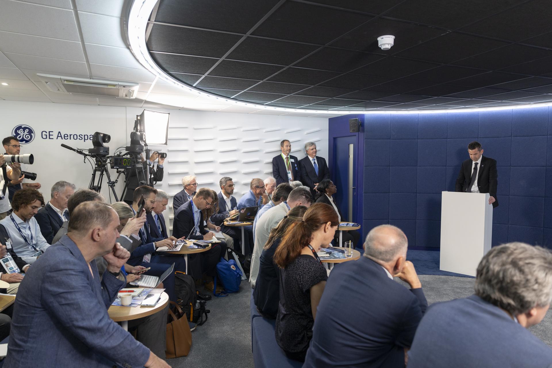 Jared Isaacman speaks at the GE Booth at the Farnborough International Airshow in Farnborough, UK.